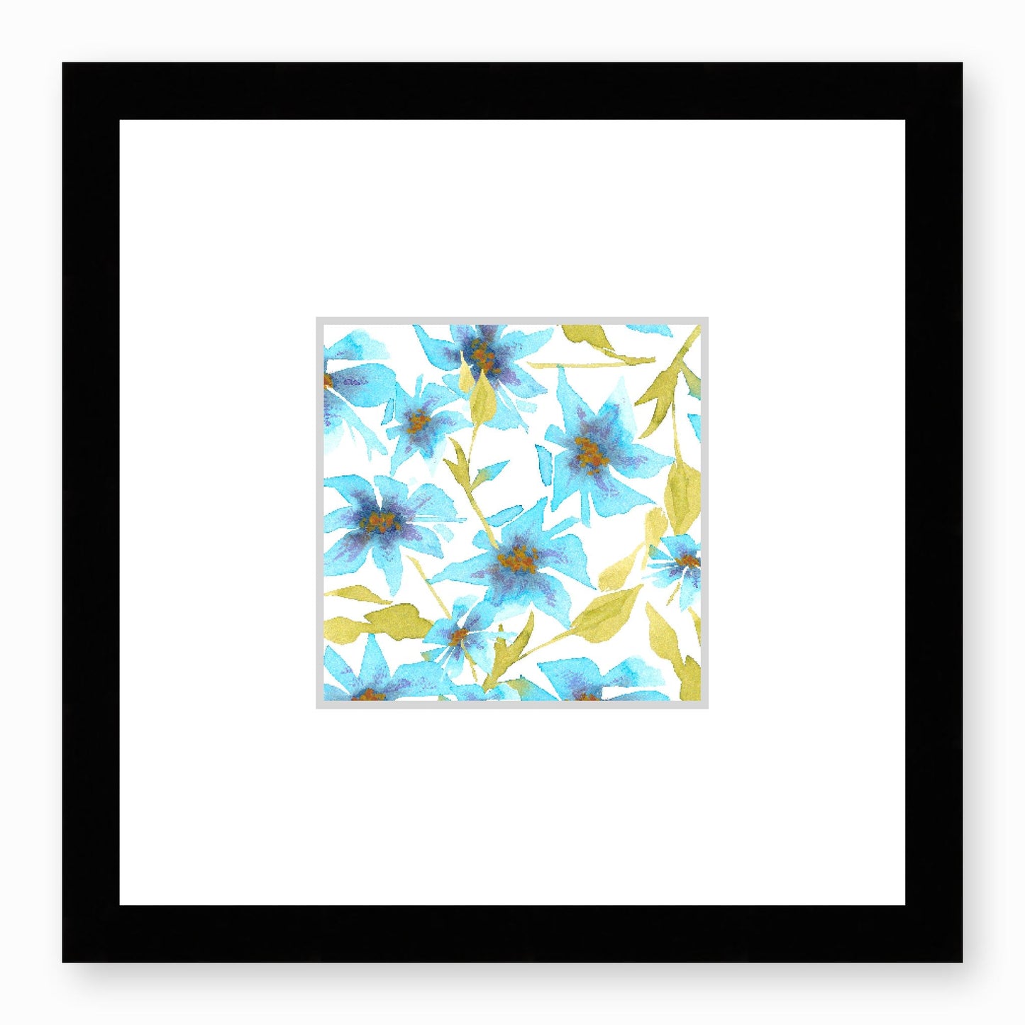 Framed Fine Art Print, Faux Mat - 12x12 inches | Blue Floral Watercolour, fms-1430-001, Prints, Fine art, Black Frame,12 x 12 inches