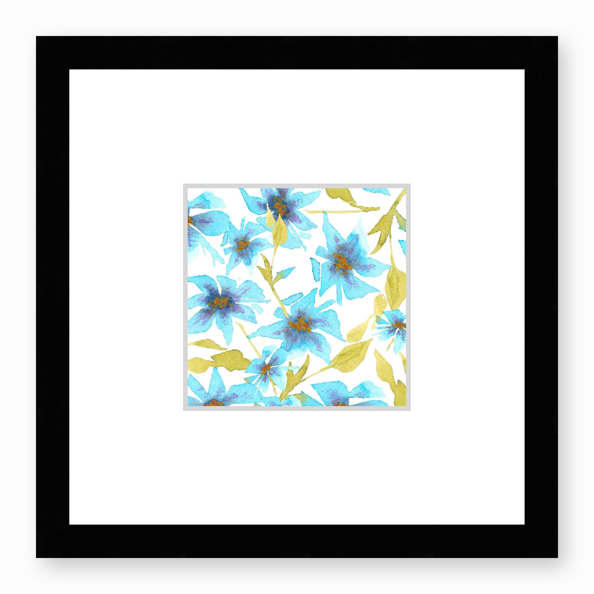 Framed Fine Art Print, Faux Mat - 12x12 inches | Blue Floral Watercolour, fms-1430-001, Prints, Fine art, Black Frame,12 x 12 inches