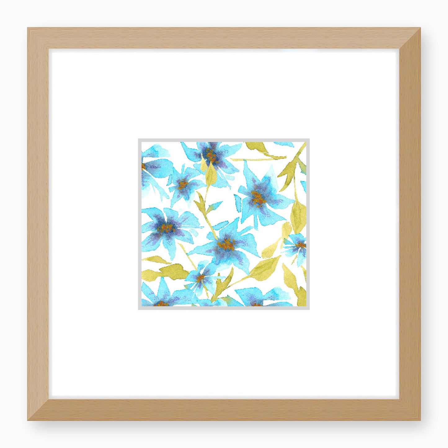 Framed Fine Art Print, Faux Mat - 12x12 inches | Blue Floral Watercolour, fms-1430-001, Prints, Fine art, Natural Frame,12 x 12 inches