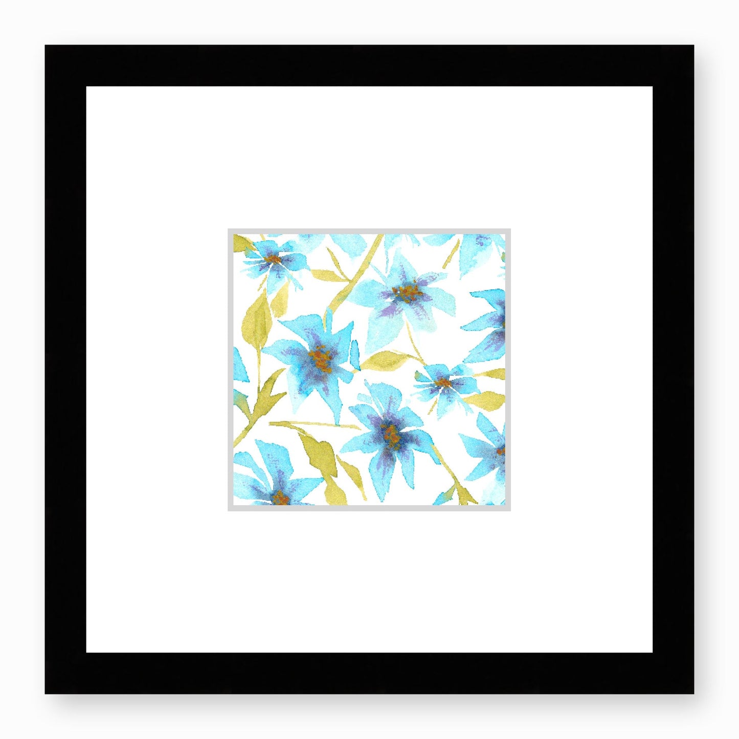Framed Fine Art Print, Faux Mat - 12x12 inches | Blue Floral Watercolour, fms-1430-002, Prints, Fine art, Black Frame,12 x 12 inches
