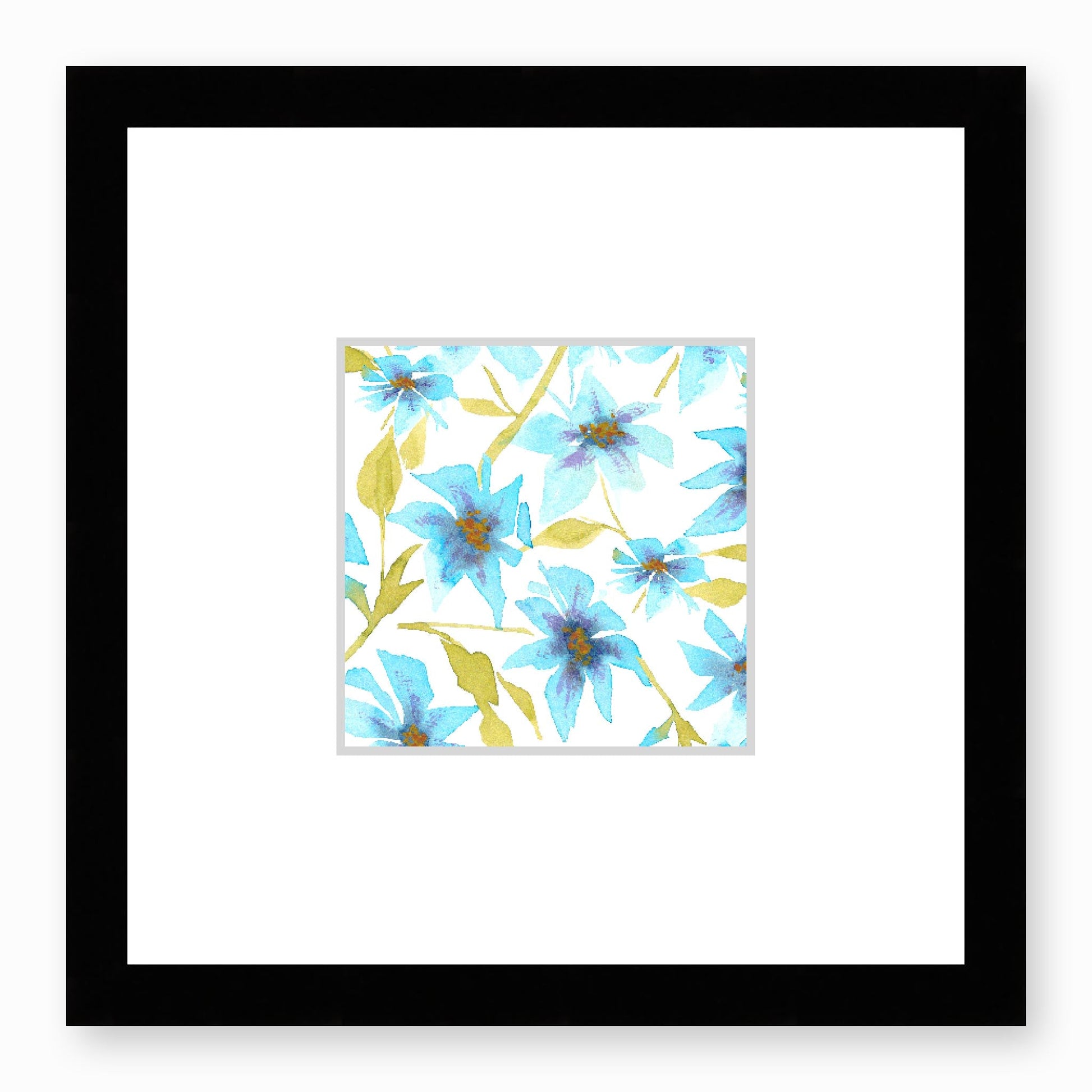 Framed Fine Art Print, Faux Mat - 12x12 inches | Blue Floral Watercolour, fms-1430-002, Prints, Fine art, Black Frame,12 x 12 inches
