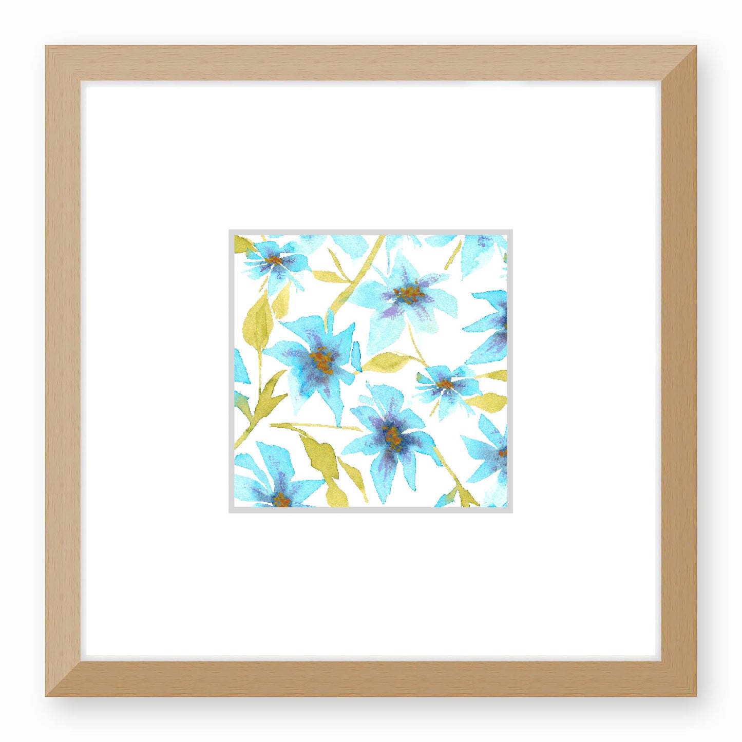 Framed Fine Art Print, Faux Mat - 12x12 inches | Blue Floral Watercolour, fms-1430-002, Prints, Fine art, Natural Frame,12 x 12 inches