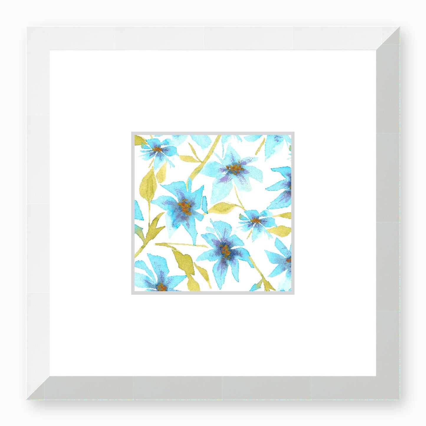 Framed Fine Art Print, Faux Mat - 12x12 inches | Blue Floral Watercolour, fms-1430-002, Prints, Fine art, White Frame,12 x 12 inches