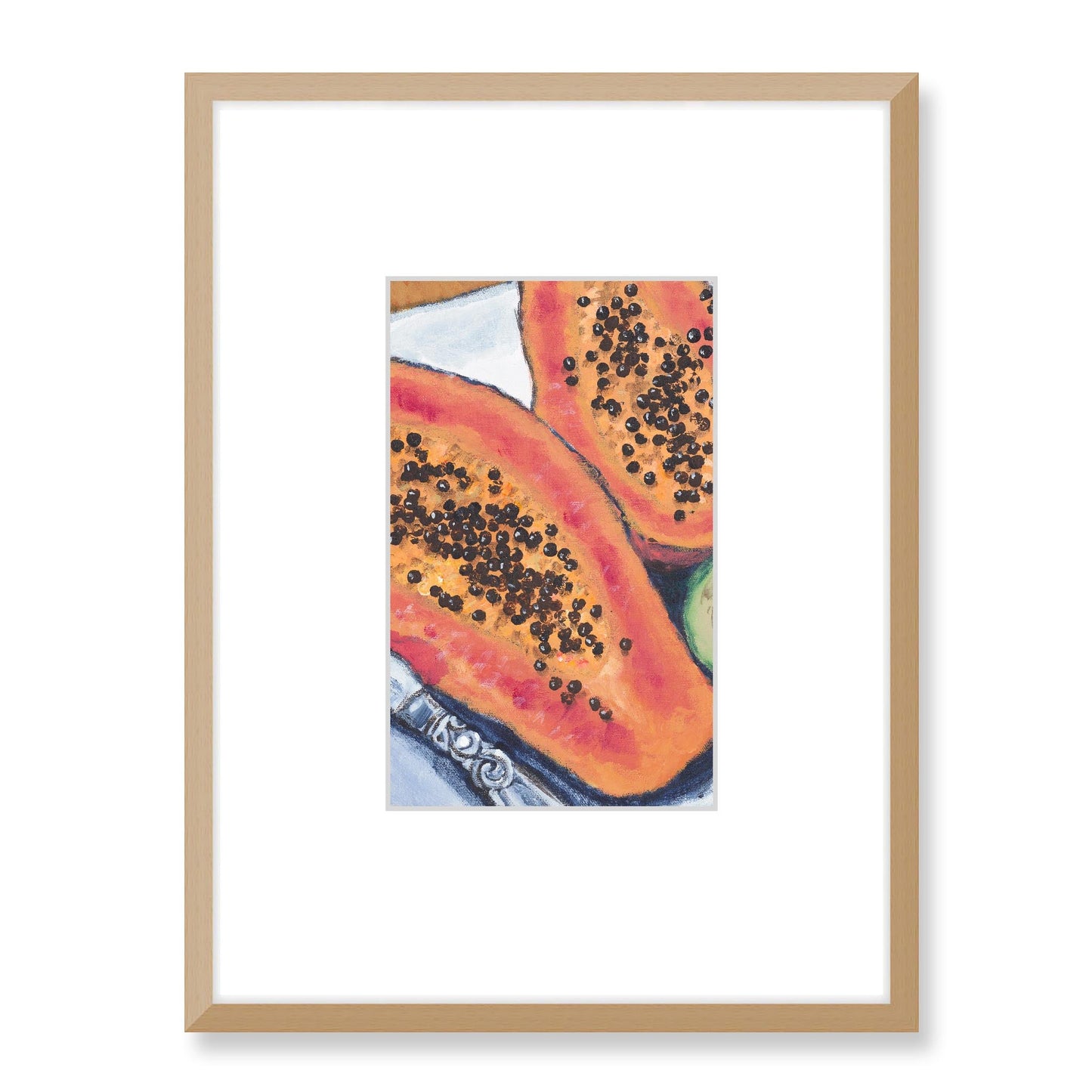 Framed Fine Art Print, Faux Mat - 18x24 inches | Papaya & Avocados in Acrylic, FMV-1000-1105-001, Prints, Fine art, Natural Frame, 45 x 60 cm ,18 x 24 inches