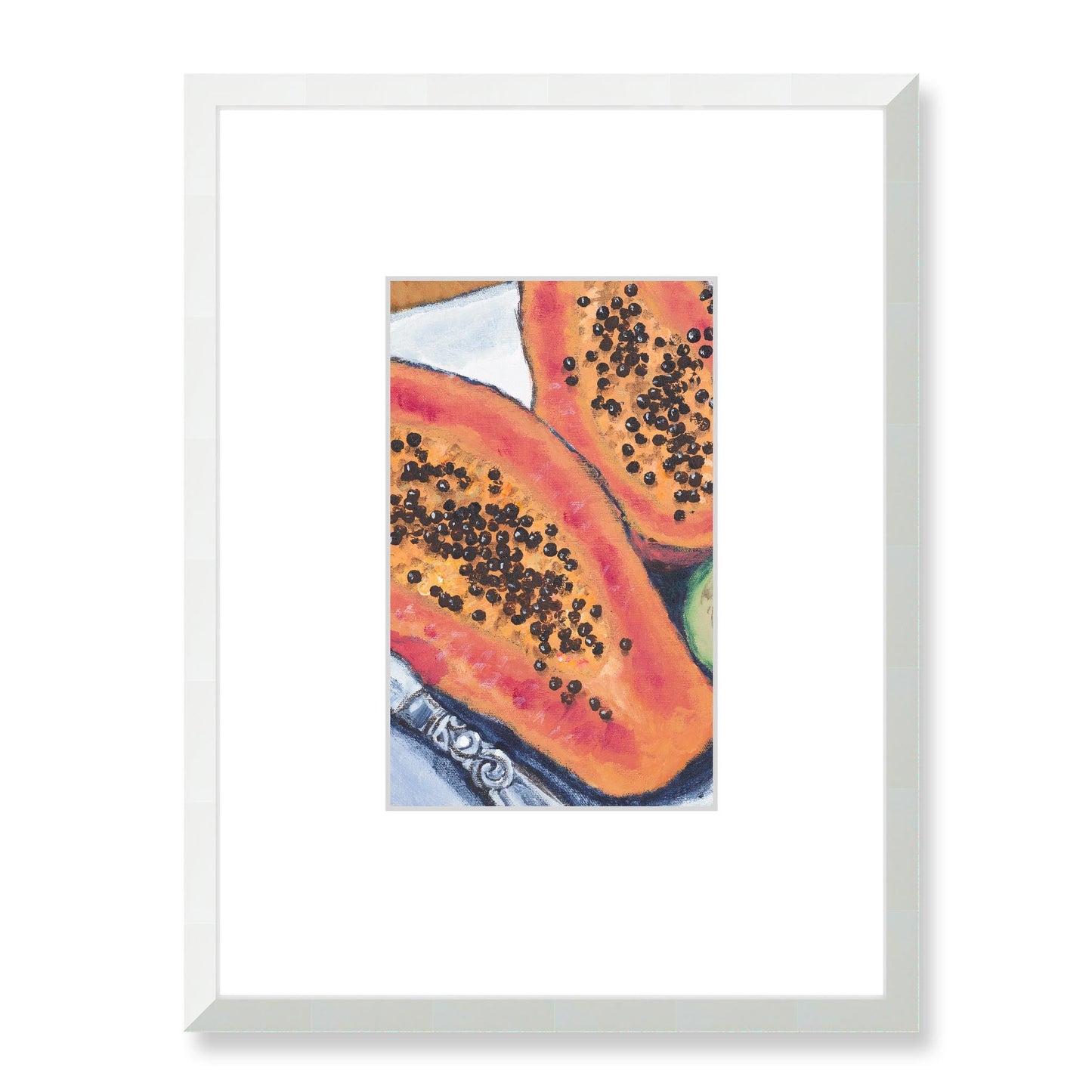 Framed Fine Art Print, Faux Mat - 18x24 inches | Papaya & Avocados in Acrylic, FMV-1000-1105-001, Prints, Fine art, White Frame, 45 x 60 cm ,18 x 24 inches