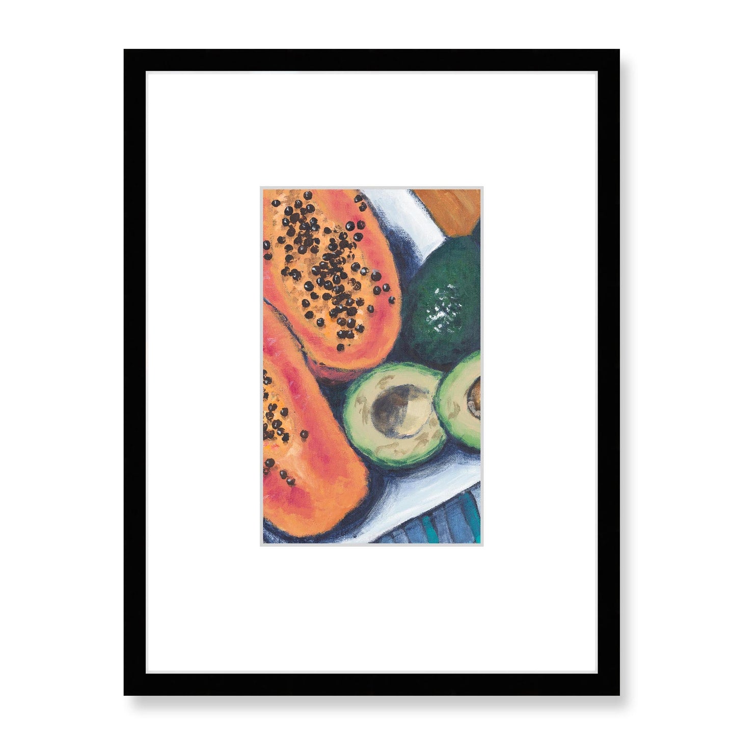 Framed Fine Art Print, Faux Mat - 18x24 inches | Papaya & Avocados in Acrylic, FMV-1000-1105-002, Prints, Fine art, Black Frame, 45 x 60 cm ,18 x 24 inches