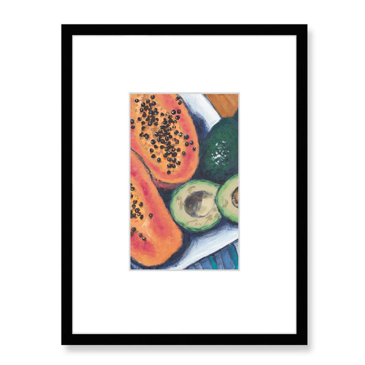 Framed Fine Art Print, Faux Mat - 18x24 inches | Papaya & Avocados in Acrylic, FMV-1000-1105-002, Prints, Fine art, Black Frame, 45 x 60 cm ,18 x 24 inches