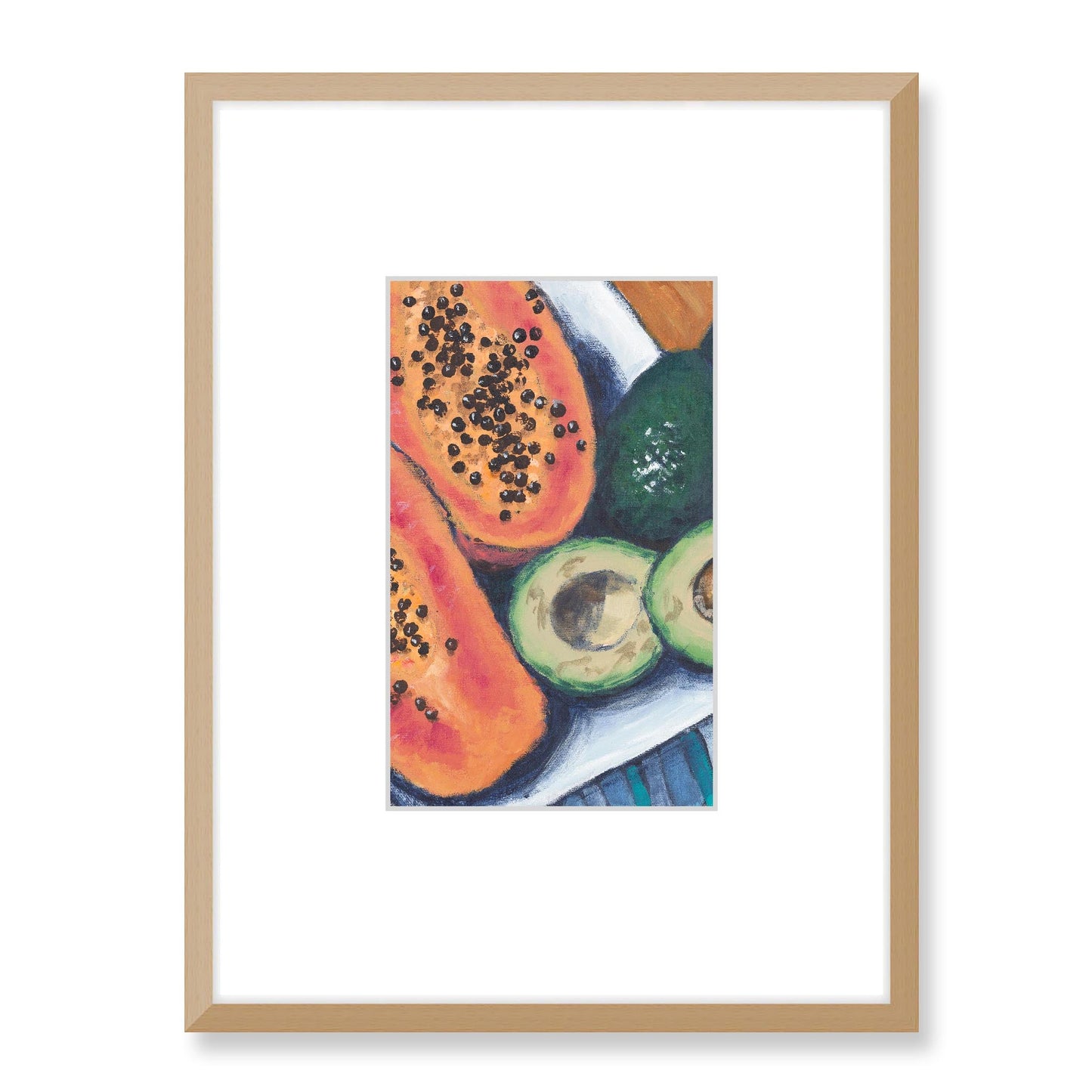 Framed Fine Art Print, Faux Mat - 18x24 inches | Papaya & Avocados in Acrylic, FMV-1000-1105-002, Prints, Fine art, Natural Frame, 45 x 60 cm ,18 x 24 inches