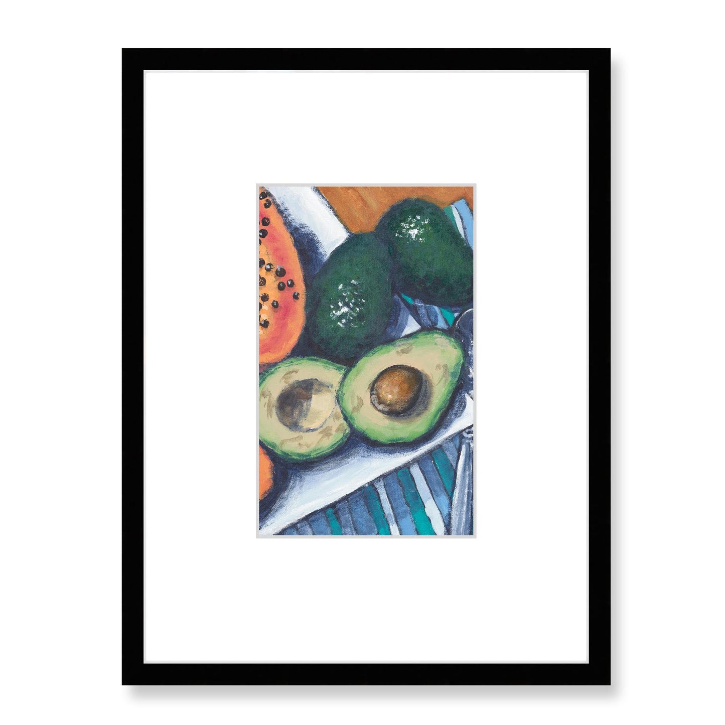 Framed Fine Art Print, Faux Mat - 18x24 inches | Papaya & Avocados in Acrylic, FMV-1000-1105-003, Prints, Fine art, Black Frame, 45 x 60 cm ,18 x 24 inches