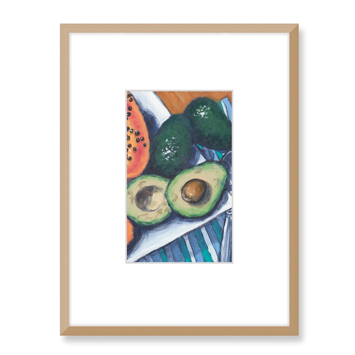 Framed Fine Art Print, Faux Mat - 18x24 inches | Papaya & Avocados in Acrylic, FMV-1000-1105-003, Prints, Fine art, Natural Frame, 45 x 60 cm ,18 x 24 inches