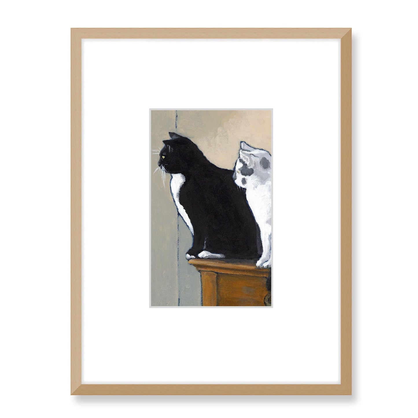 Framed Fine Art Print, Faux Mat - 18x24 inches | Black Cat White Cat in Acrylic, FMV-1000-1122, Prints, Fine art, Natural Frame, 45 x 60 cm ,18 x 24 inches