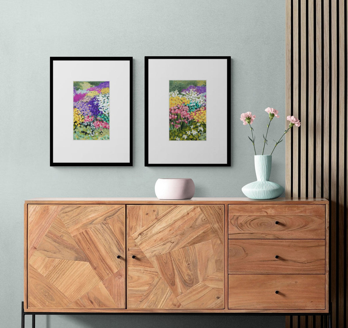 Two Floral Garden Fine Art Prints with Faux Mat Board | Styled in Soft Scandinavian Living Room with Herringbone Oak Credenza, Duckegg Blue Wall and Fresh Pink Carnation Stems