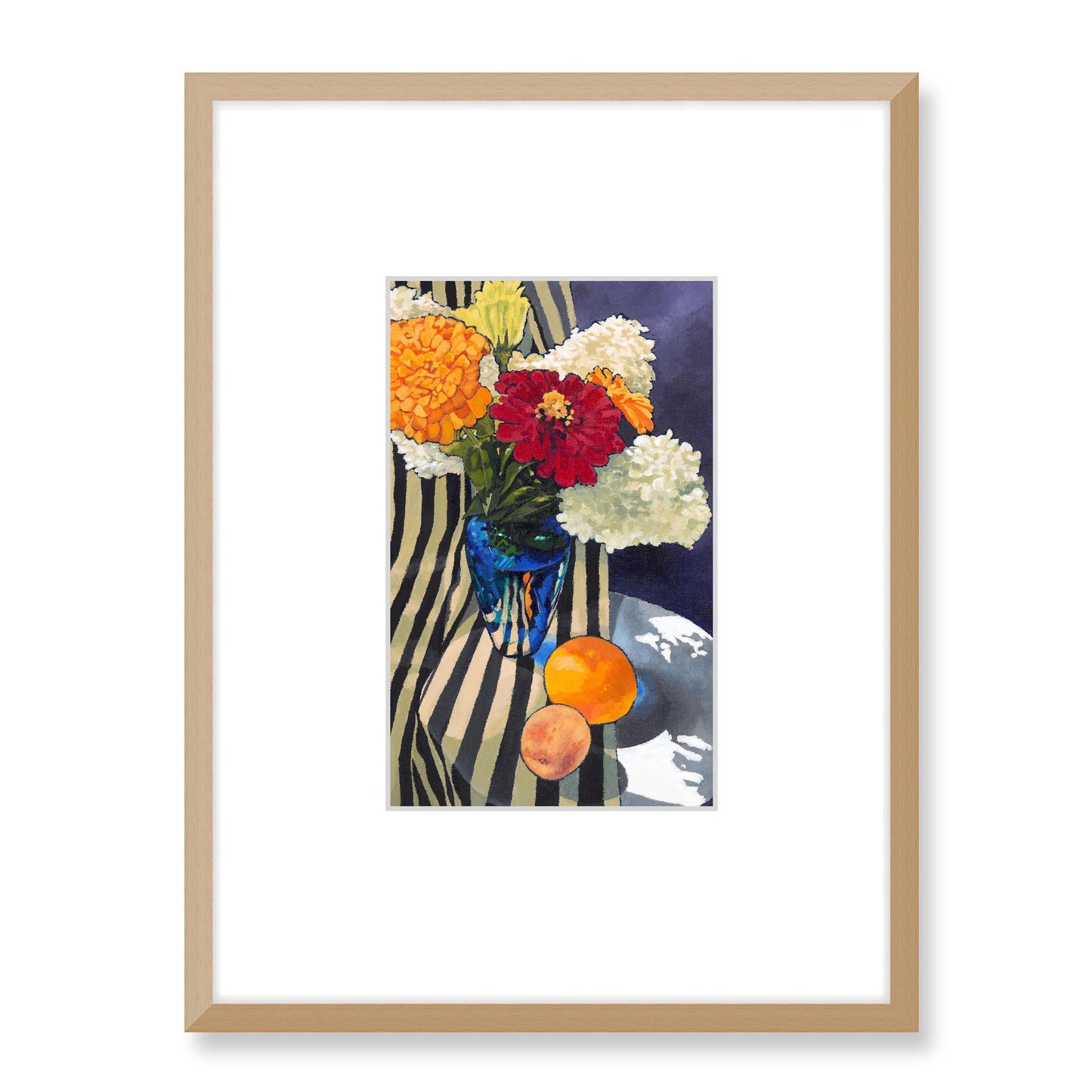 Framed Fine Art Print, Faux Mat - 18x24 inches | Hydrangeas & Zinnias in Acrylic, FMV-1030-001, Prints, Fine art, Natural Frame, 45 x 60 cm ,18 x 24 inches