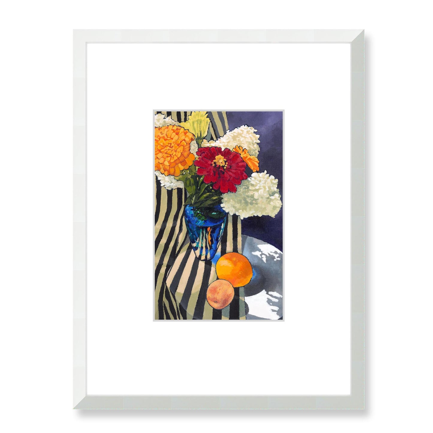 Framed Fine Art Print, Faux Mat - 18x24 inches | Hydrangeas & Zinnias in Acrylic, FMV-1030-001, Prints, Fine art, White Frame, 45 x 60 cm ,18 x 24 inches