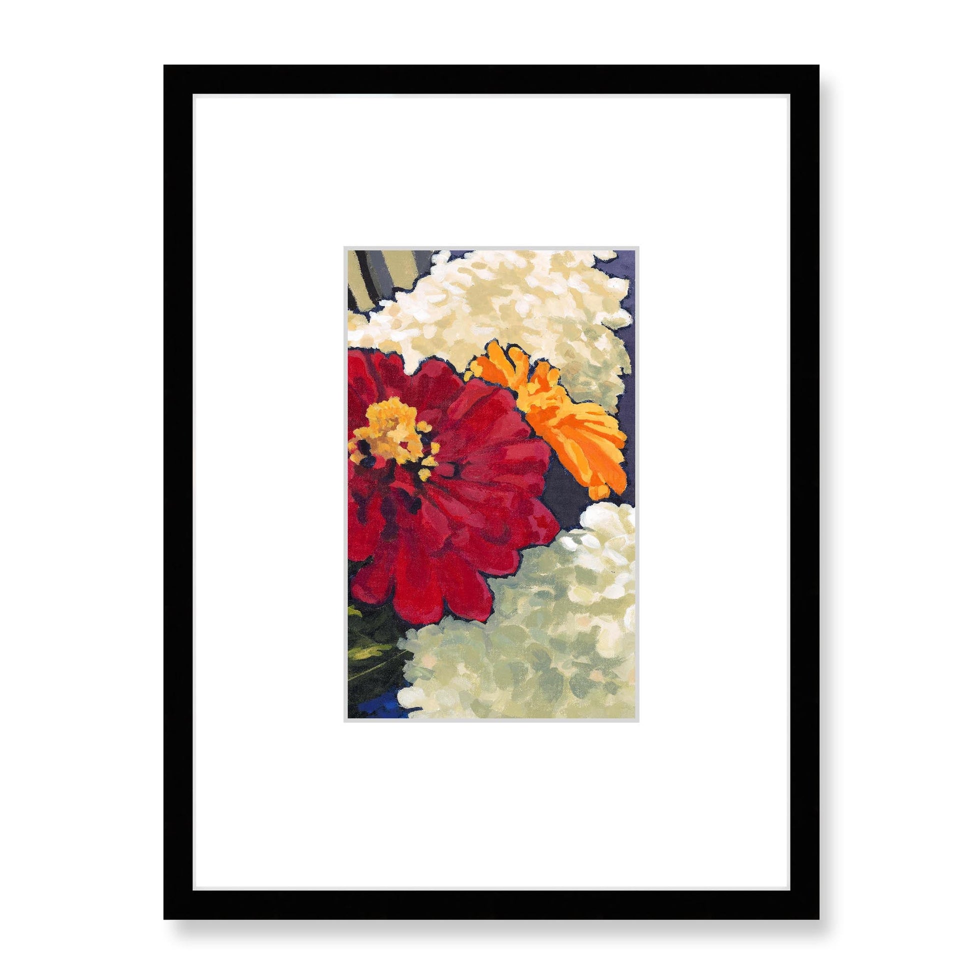 Framed Fine Art Print, Faux Mat - 18x24 inches | Hydrangeas & Zinnias in Acrylic, FMV-1030-002, Prints, Fine art, Black Frame, 45 x 60 cm ,18 x 24 inches