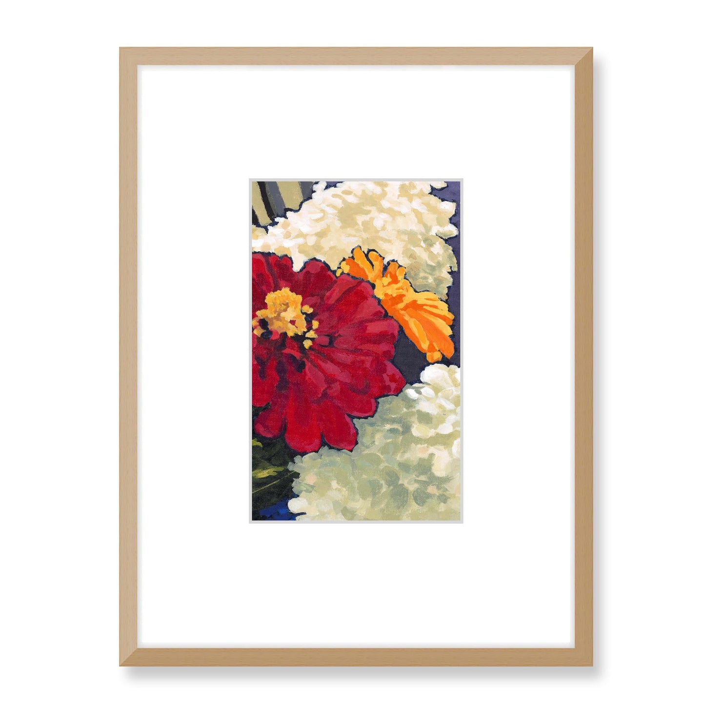 Framed Fine Art Print, Faux Mat - 18x24 inches | Hydrangeas & Zinnias in Acrylic, FMV-1030-002, Prints, Fine art, Natural Frame, 45 x 60 cm ,18 x 24 inches