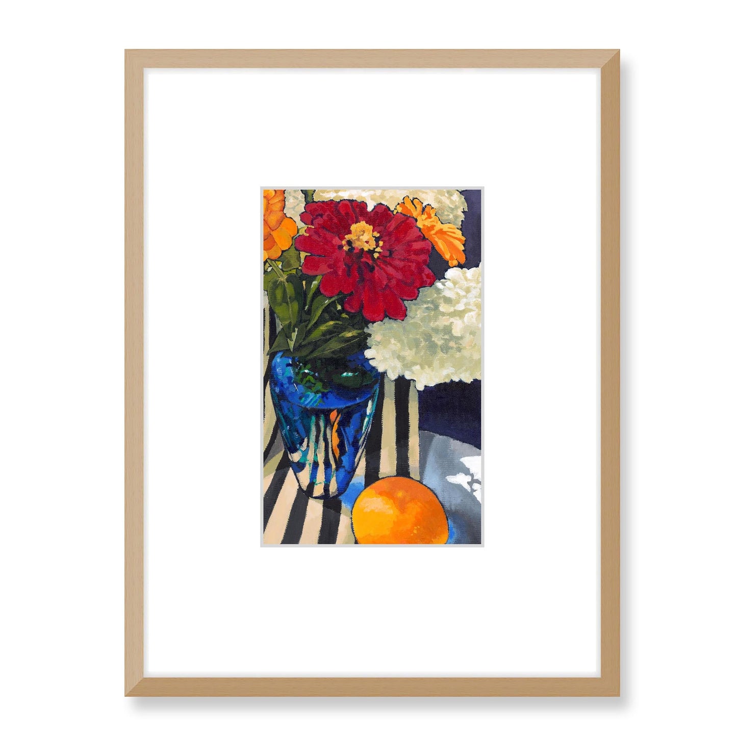 Framed Fine Art Print, Faux Mat - 18x24 inches | Hydrangeas & Zinnias in Acrylic, FMV-1030-003, Prints, Fine art, Natural Frame, 45 x 60 cm ,18 x 24 inches