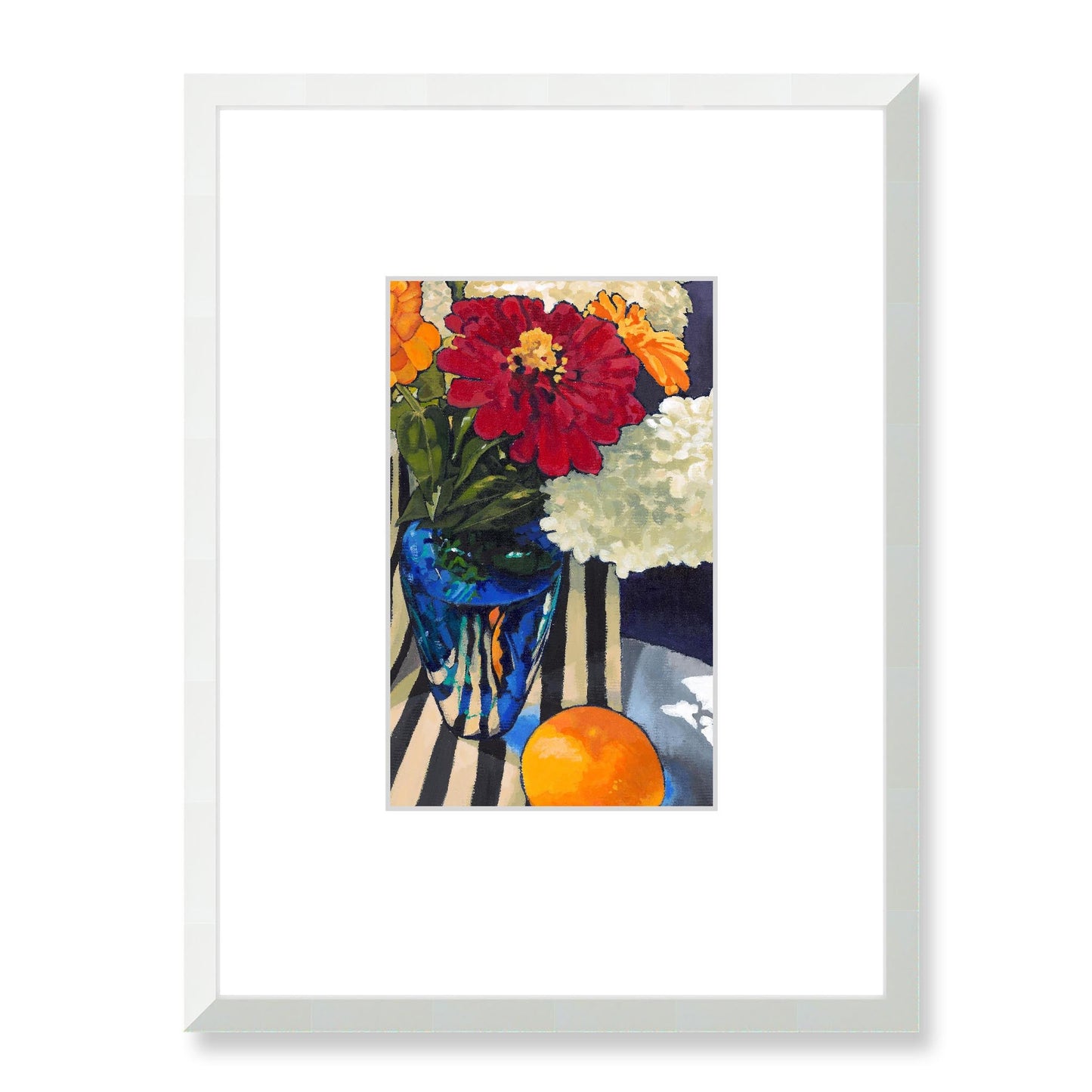 Framed Fine Art Print, Faux Mat - 18x24 inches | Hydrangeas & Zinnias in Acrylic, FMV-1030-003, Prints, Fine art, White Frame, 45 x 60 cm ,18 x 24 inches