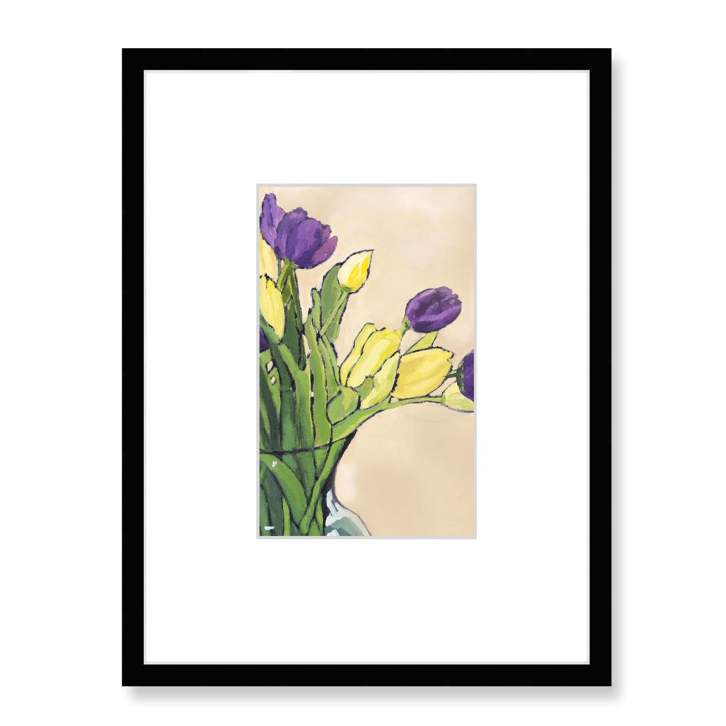 Framed Fine Art Print, Faux Mat - 18x24 inches | Purple & Yellow Tulips in Acrylic, FMV-1060, Prints, Fine art, Black Frame, 45 x 60 cm ,18 x 24 inches