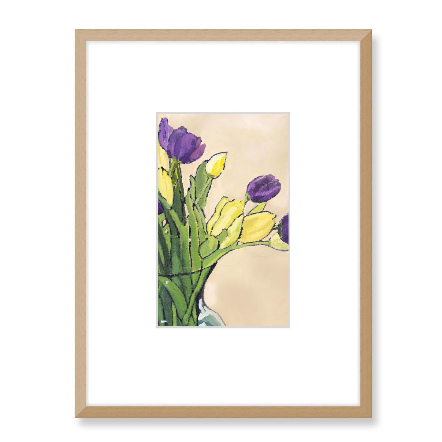 Framed Fine Art Print, Faux Mat - 18x24 inches | Purple & Yellow Tulips in Acrylic, FMV-1060, Prints, Fine art, Natural Frame, 45 x 60 cm ,18 x 24 inches
