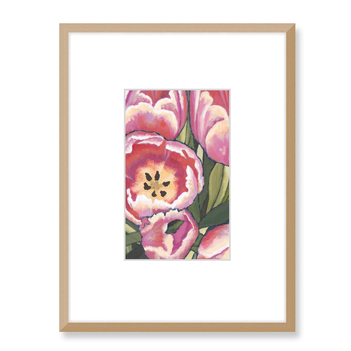 Framed Fine Art Print, Faux Mat - 18x24 inches | Pink Tulips in Acrylic, FMV-1080, Prints, Fine art, Natural Frame, 45 x 60 cm ,18 x 24 inches