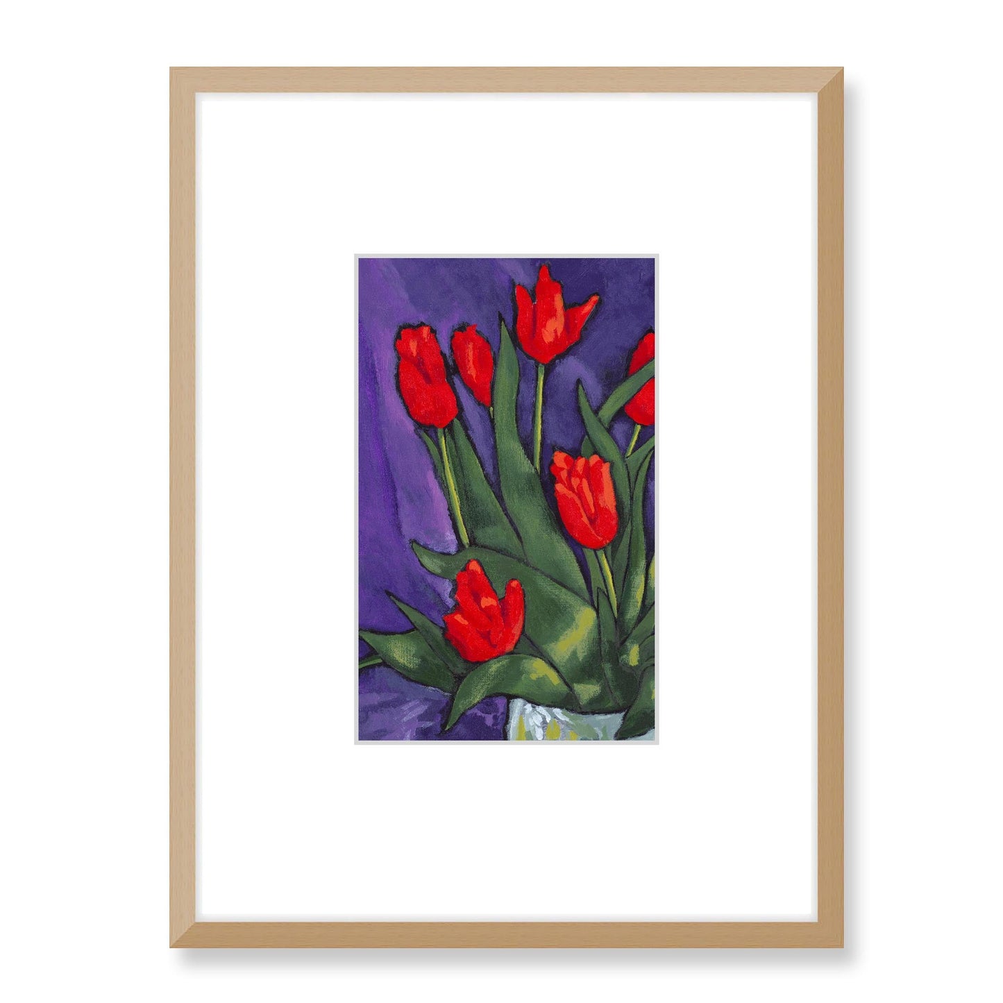 Framed Fine Art Print, Faux Mat - 18x24 inches | Red Tulips in Acrylic, FMV-1110-003, Prints, Fine art, Natural Frame, 45 x 60 cm ,18 x 24 inches