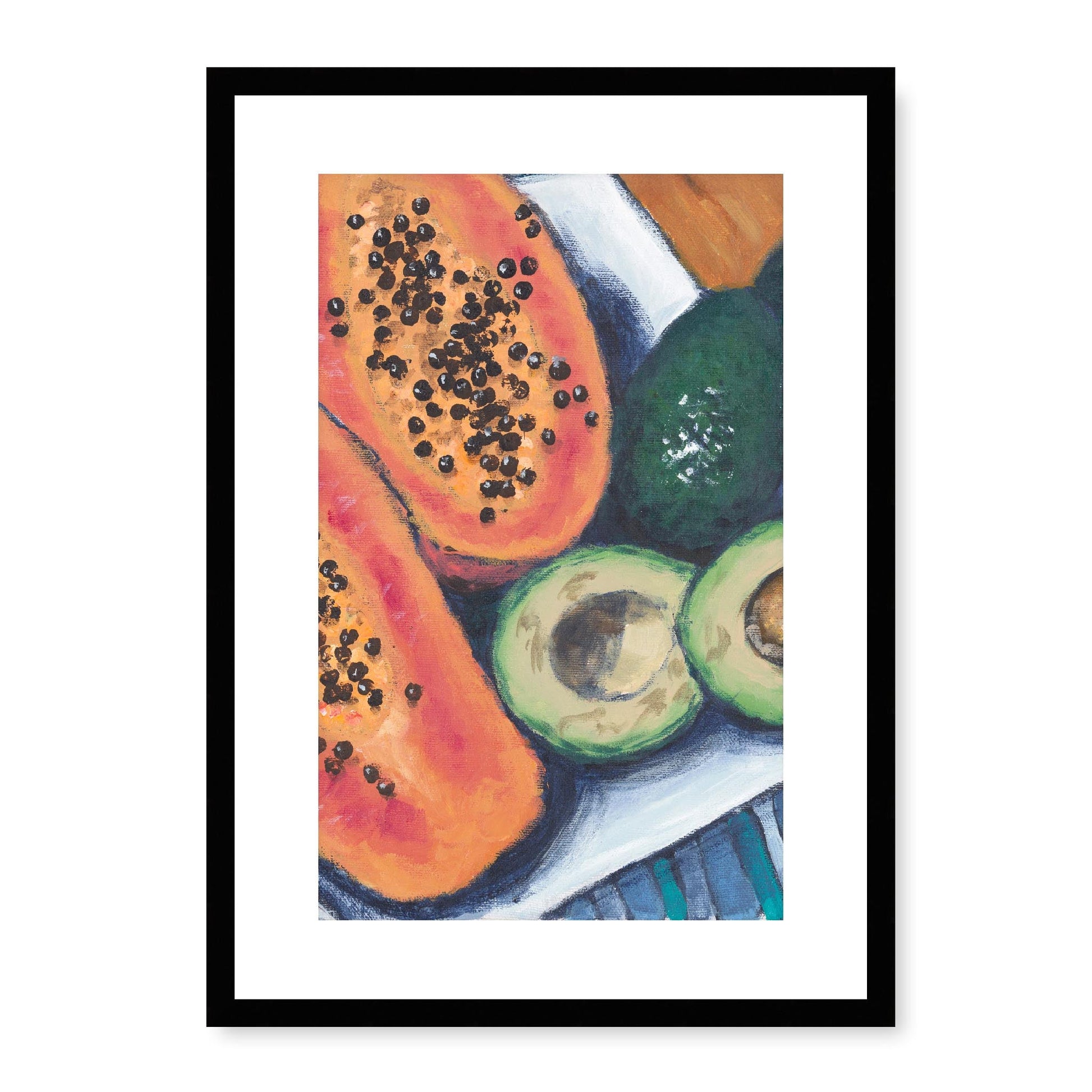 Framed Fine Art Print, White Mat - 14x20 19x28 24x36  | Papaya & Avocados in Acrylic, fp2-1000-1105C, Prints, Fine art, Black Frame, 36 x 51 cm ,14 x 20 inches