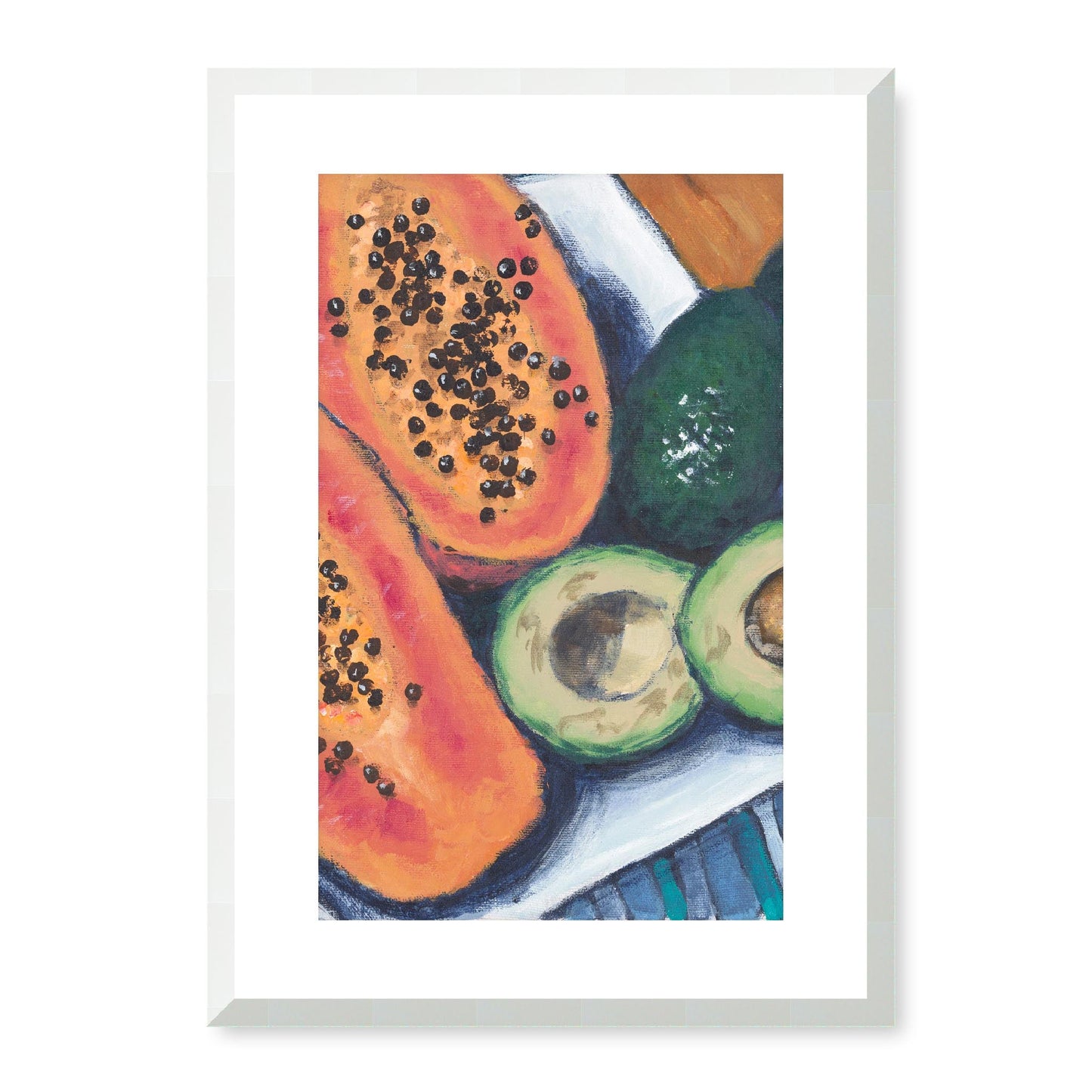 Framed Fine Art Print, White Mat - 14x20 19x28 24x36  | Papaya & Avocados in Acrylic, fp2-1000-1105C, Prints, Fine art, White Frame, 36 x 51 cm ,14 x 20 inches