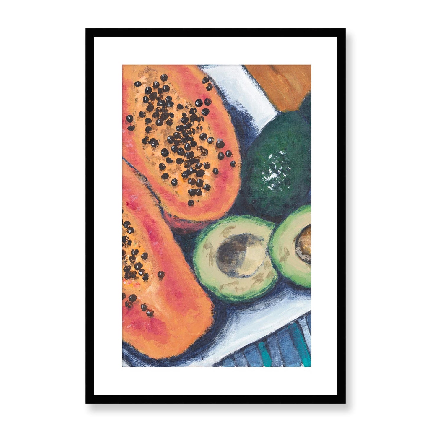 Framed Fine Art Print, White Mat - 14x20 19x28 24x36  | Papaya & Avocados in Acrylic, fp2-1000-1105C, Prints, Fine art, Black Frame, 48 x 71 cm ,19 x 28 inches