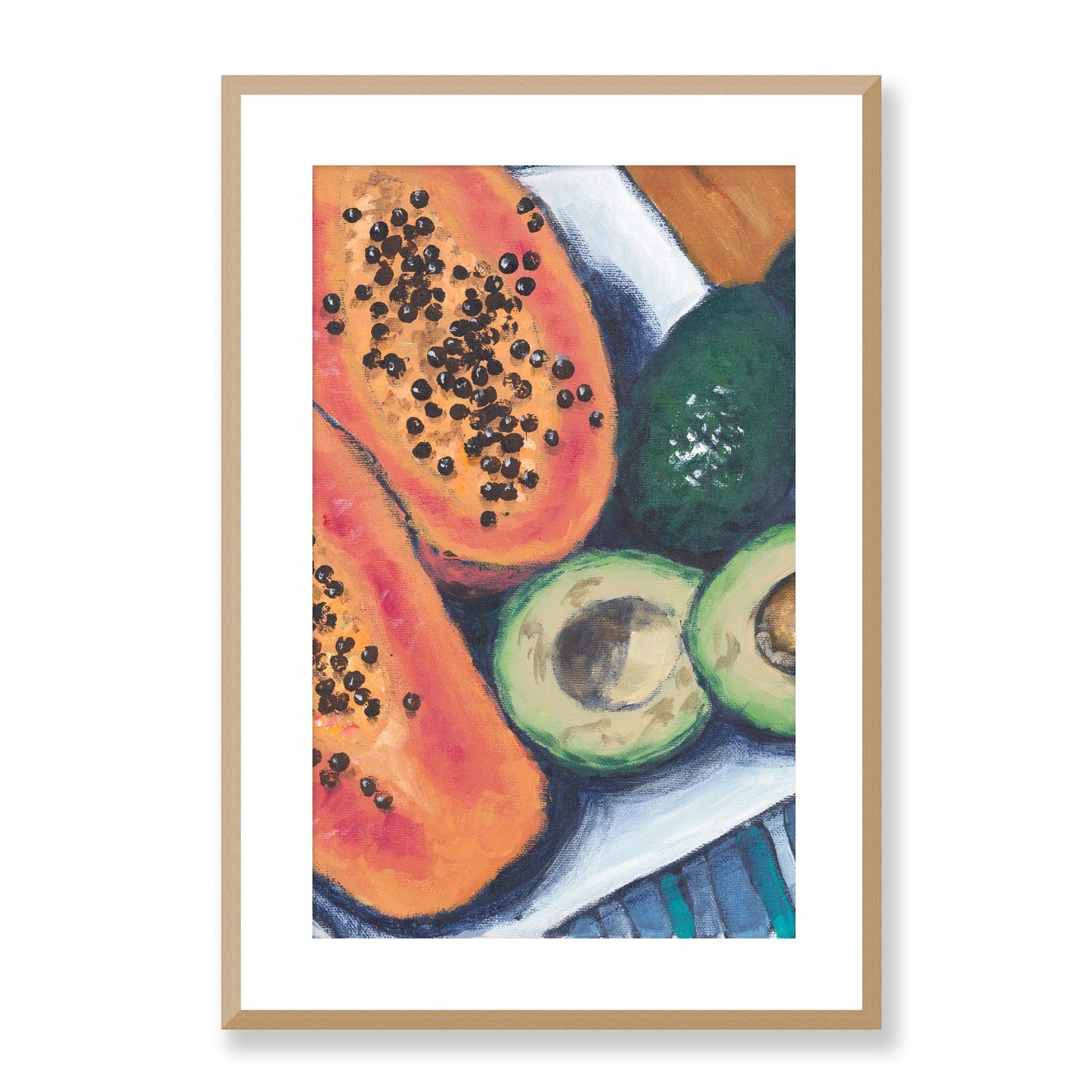 Framed Fine Art Print, White Mat - 14x20 19x28 24x36  | Papaya & Avocados in Acrylic, fp2-1000-1105C, Prints, Fine art, Natural Frame, 48 x 71 cm ,19 x 28 inches