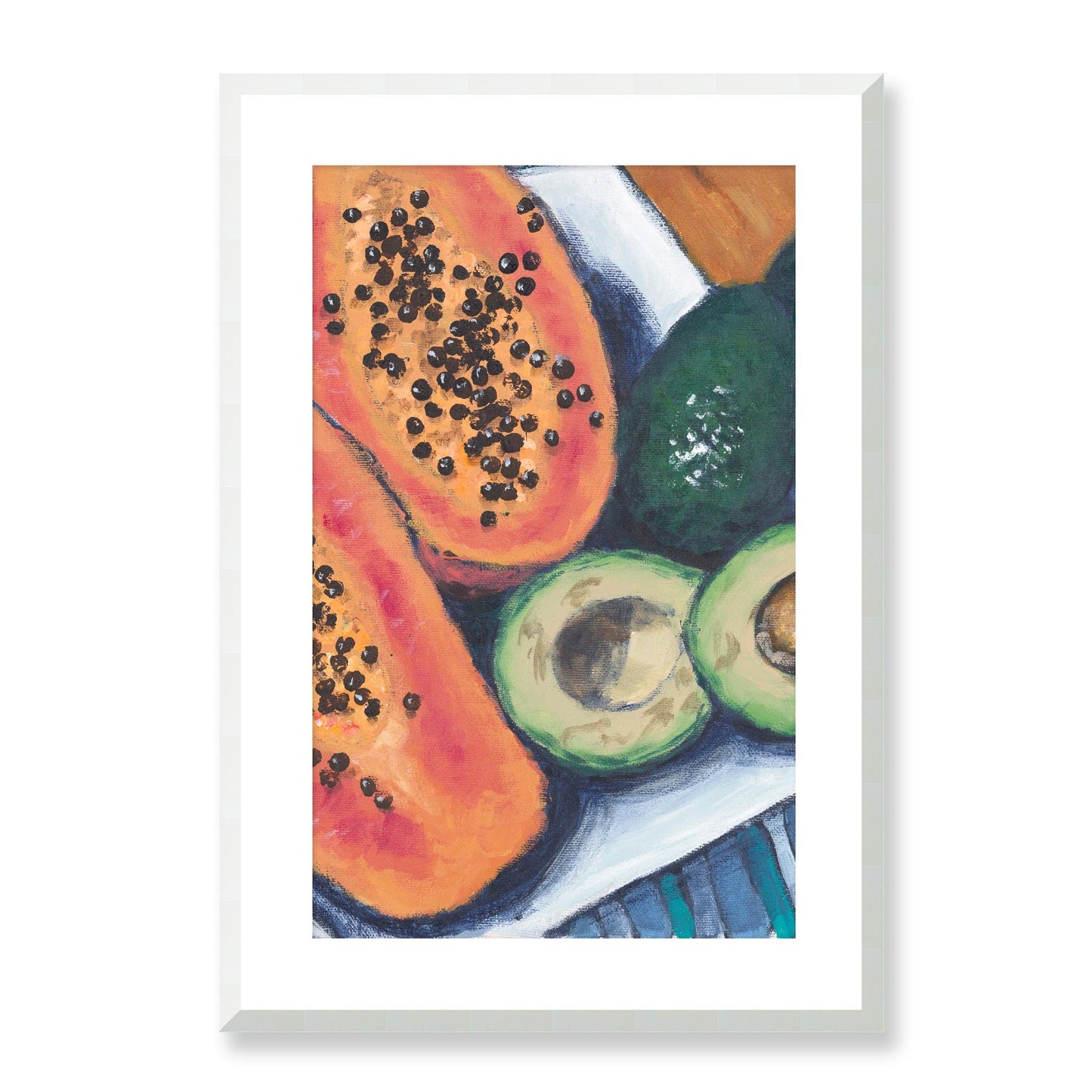 Framed Fine Art Print, White Mat - 14x20 19x28 24x36  | Papaya & Avocados in Acrylic, fp2-1000-1105C, Prints, Fine art, White Frame, 48 x 71 cm ,19 x 28 inches
