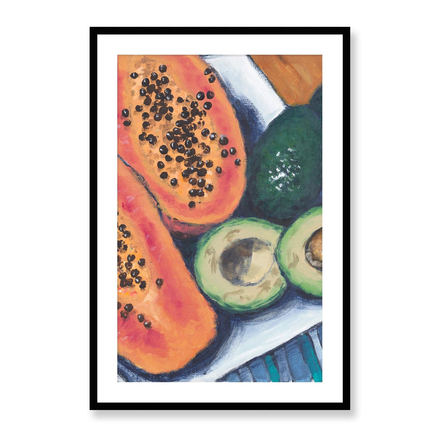 Framed Fine Art Print, White Mat - 14x20 19x28 24x36  | Papaya & Avocados in Acrylic, fp2-1000-1105C, Prints, Fine art, Black Frame, 61 x 91 cm ,24 x 36 inches