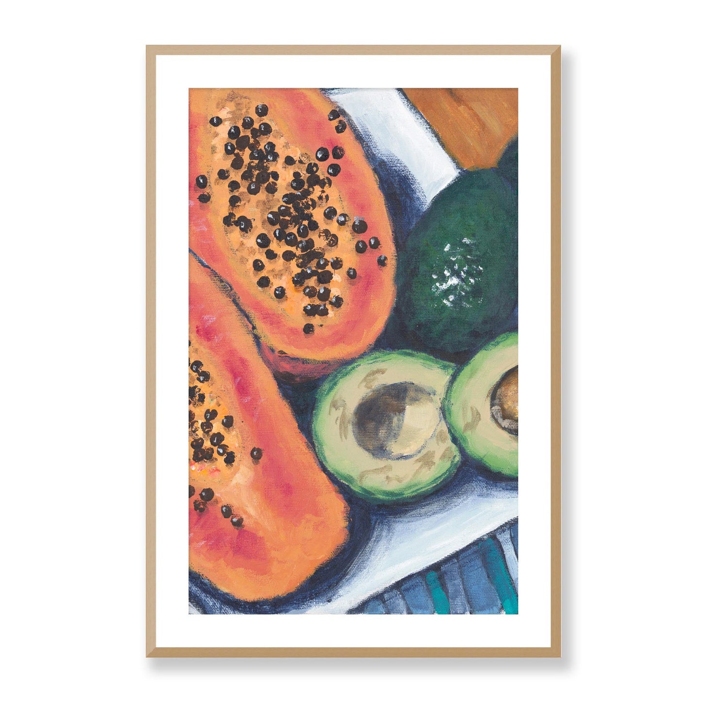 Framed Fine Art Print, White Mat - 14x20 19x28 24x36  | Papaya & Avocados in Acrylic, fp2-1000-1105C, Prints, Fine art, Natural Frame, 61 x 91 cm ,24 x 36 inches