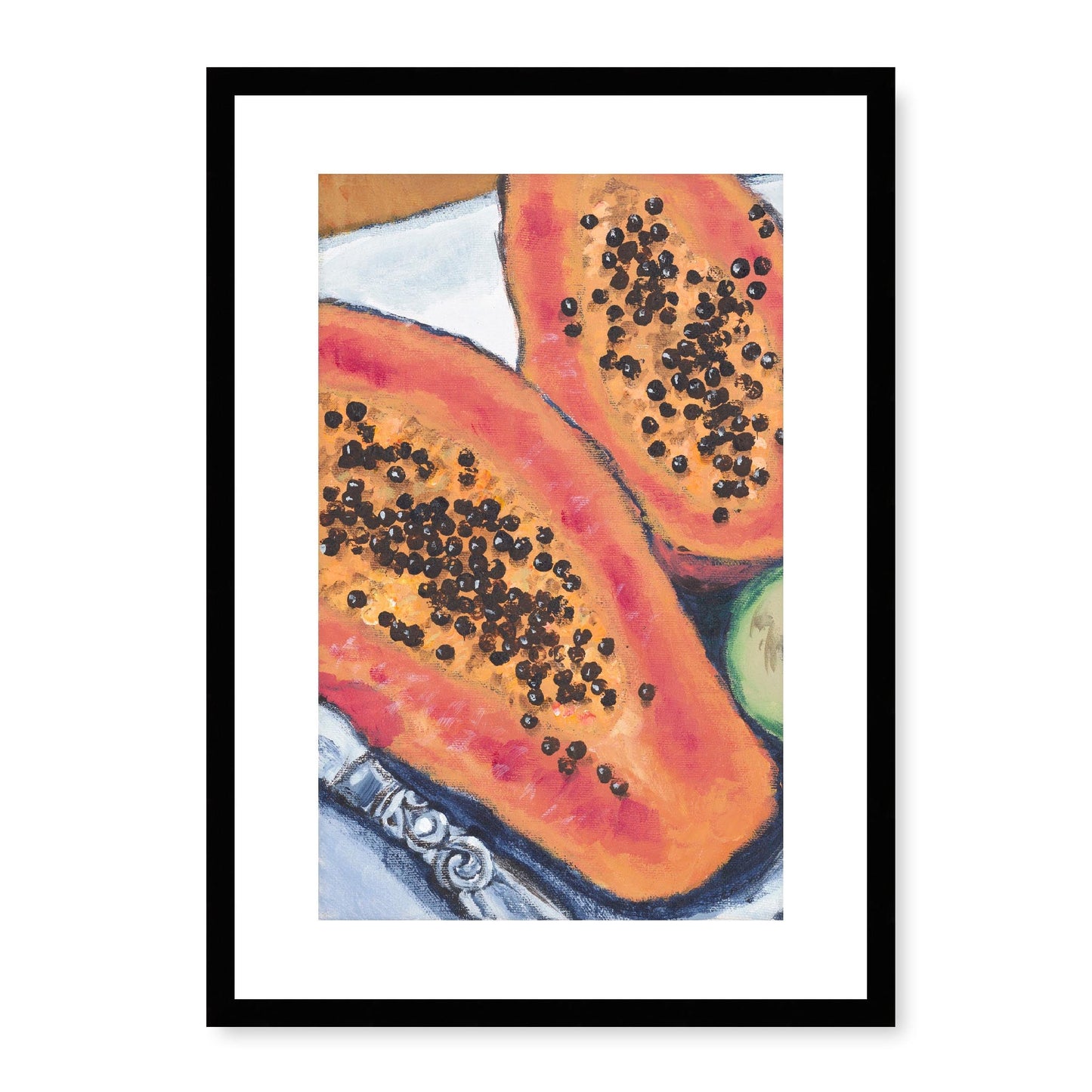 Framed Fine Art Print, White Mat - 11x14 16x20 20x28 | Papaya & Avocados in Acrylic, fp2-1000-1105L, Prints, Fine art, Black Frame, 36 x 51 cm ,14 x 20 inches