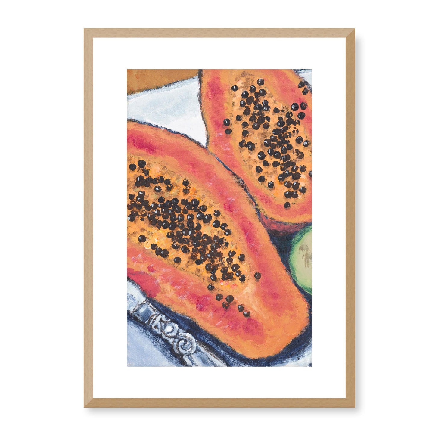 Framed Fine Art Print, White Mat - 11x14 16x20 20x28 | Papaya & Avocados in Acrylic, fp2-1000-1105L, Prints, Fine art, Natural Frame, 36 x 51 cm ,14 x 20 inches