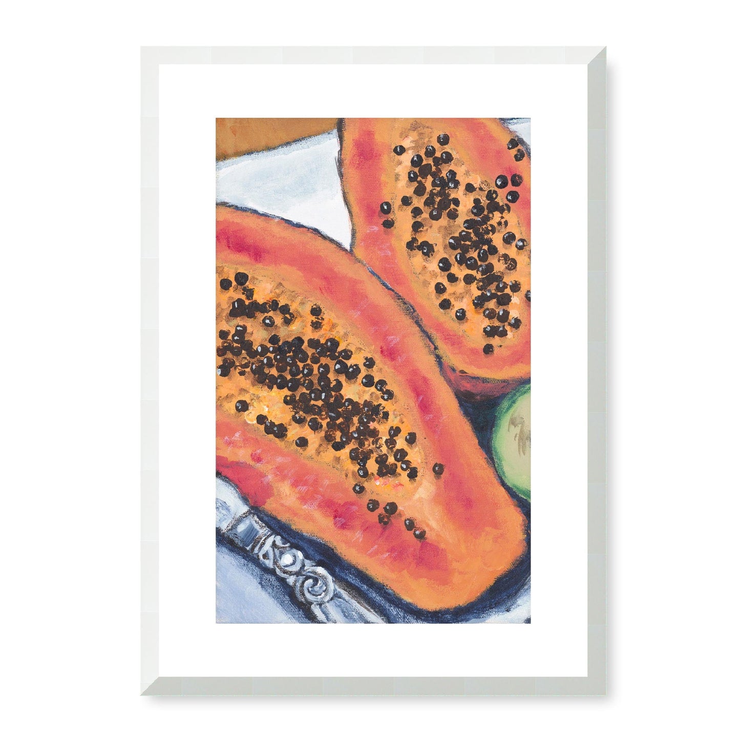 Framed Fine Art Print, White Mat - 11x14 16x20 20x28 | Papaya & Avocados in Acrylic, fp2-1000-1105L, Prints, Fine art, White Frame, 36 x 51 cm ,14 x 20 inches