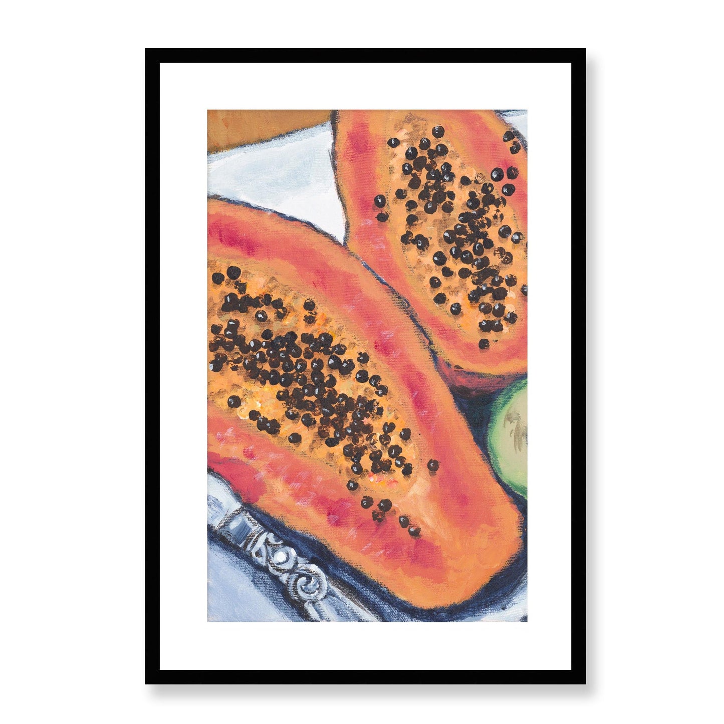 Framed Fine Art Print, White Mat - 11x14 16x20 20x28 | Papaya & Avocados in Acrylic, fp2-1000-1105L, Prints, Fine art, Black Frame, 48 x 71 cm ,19 x 28 inches