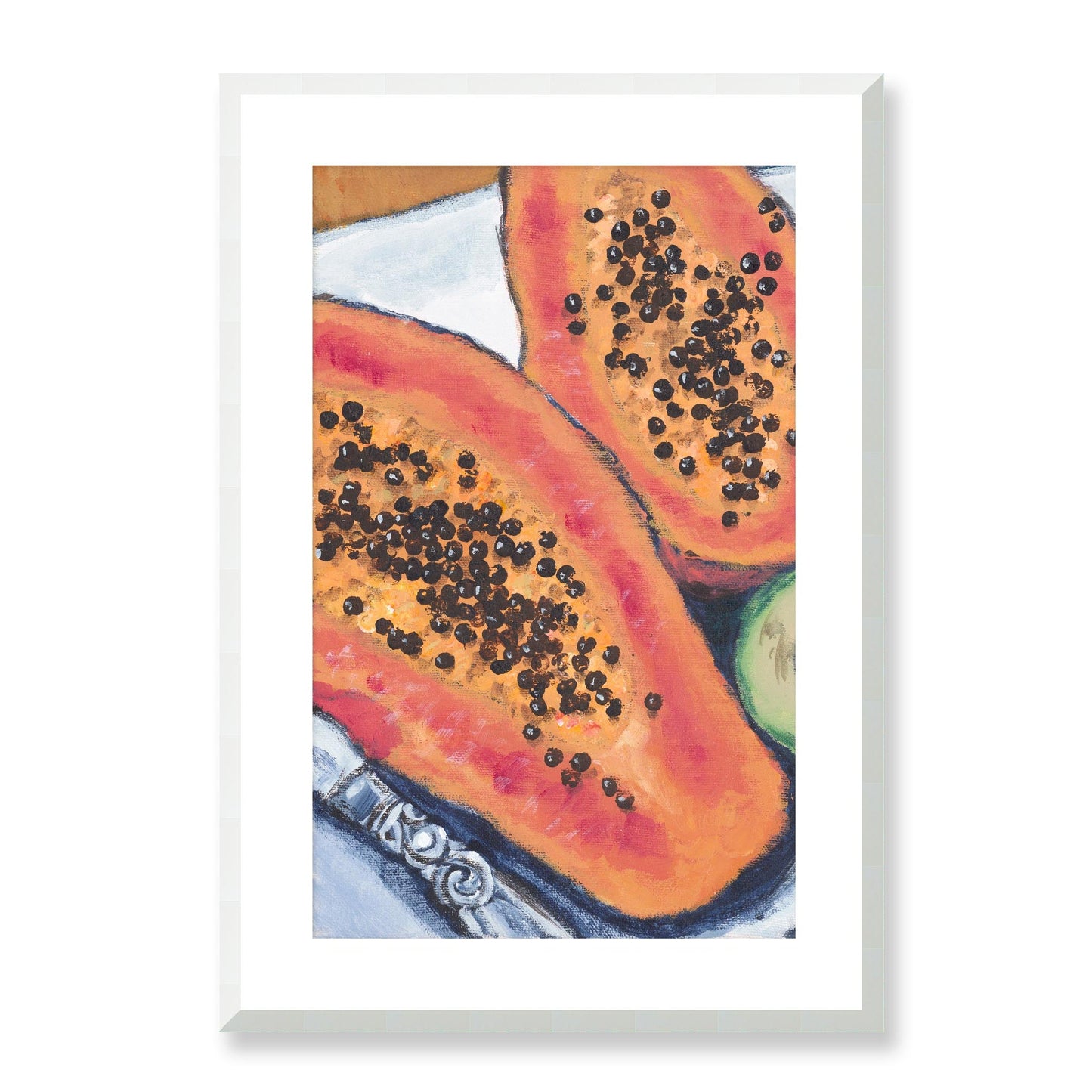 Framed Fine Art Print, White Mat - 11x14 16x20 20x28 | Papaya & Avocados in Acrylic, fp2-1000-1105L, Prints, Fine art, White Frame, 48 x 71 cm ,19 x 28 inches