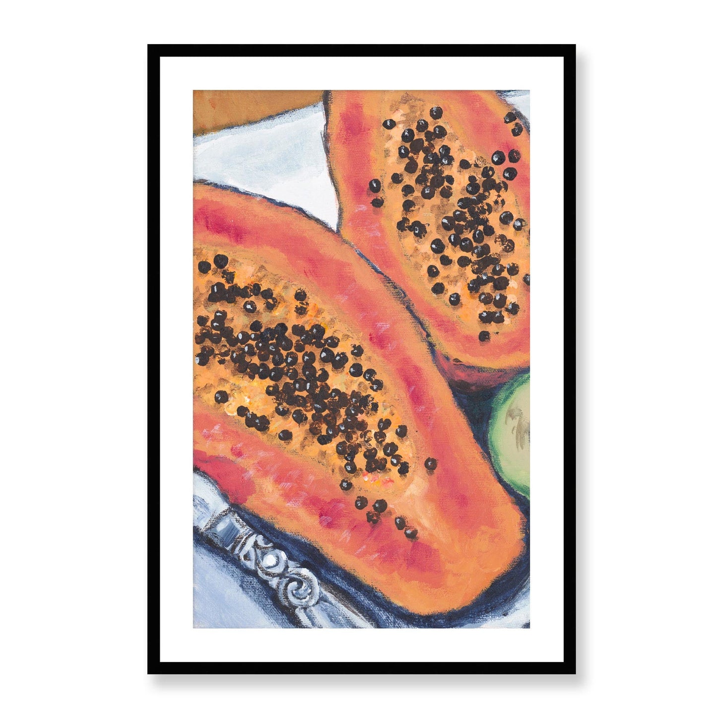 Framed Fine Art Print, White Mat - 11x14 16x20 20x28 | Papaya & Avocados in Acrylic, fp2-1000-1105L, Prints, Fine art, Black Frame, 61 x 91 cm ,24 x 36 inches