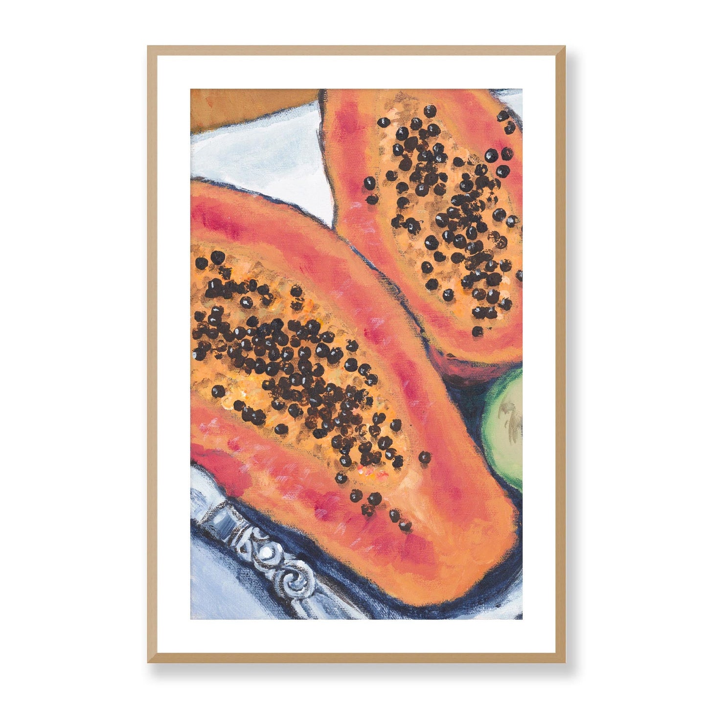 Framed Fine Art Print, White Mat - 11x14 16x20 20x28 | Papaya & Avocados in Acrylic, fp2-1000-1105L, Prints, Fine art, Natural Frame, 61 x 91 cm ,24 x 36 inches