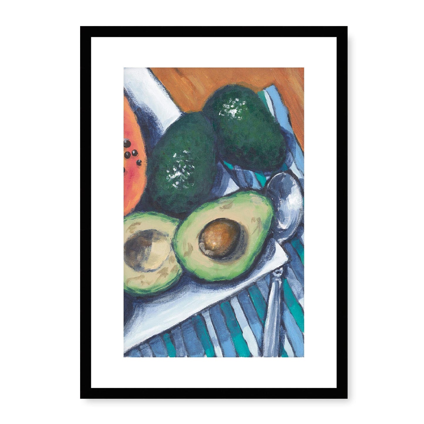 Framed Fine Art Print, White Mat - 11x14 16x20 20x28 | Papaya & Avocados in Acrylic, fp2-1000-1105R, , Fine art, Black Frame, 36 x 51 cm ,14 x 20 inches