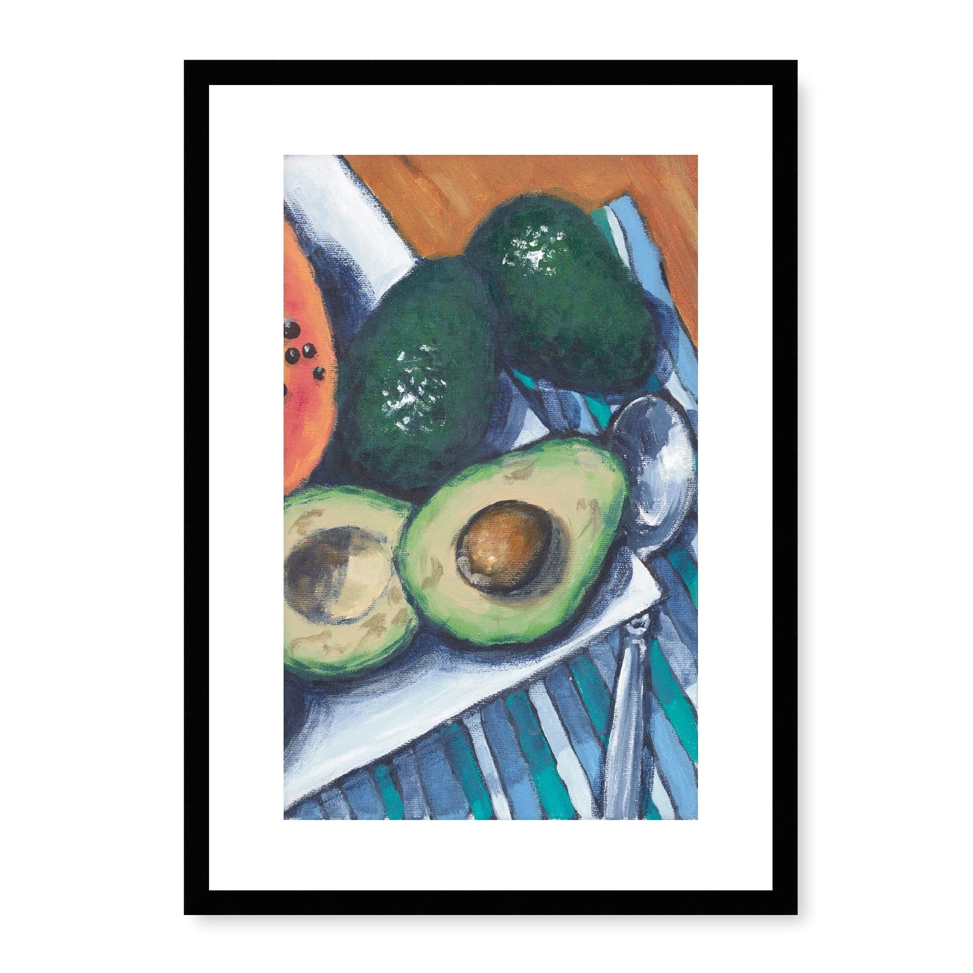 Framed Fine Art Print, White Mat - 11x14 16x20 20x28 | Papaya & Avocados in Acrylic, fp2-1000-1105R, , Fine art, Black Frame, 36 x 51 cm ,14 x 20 inches
