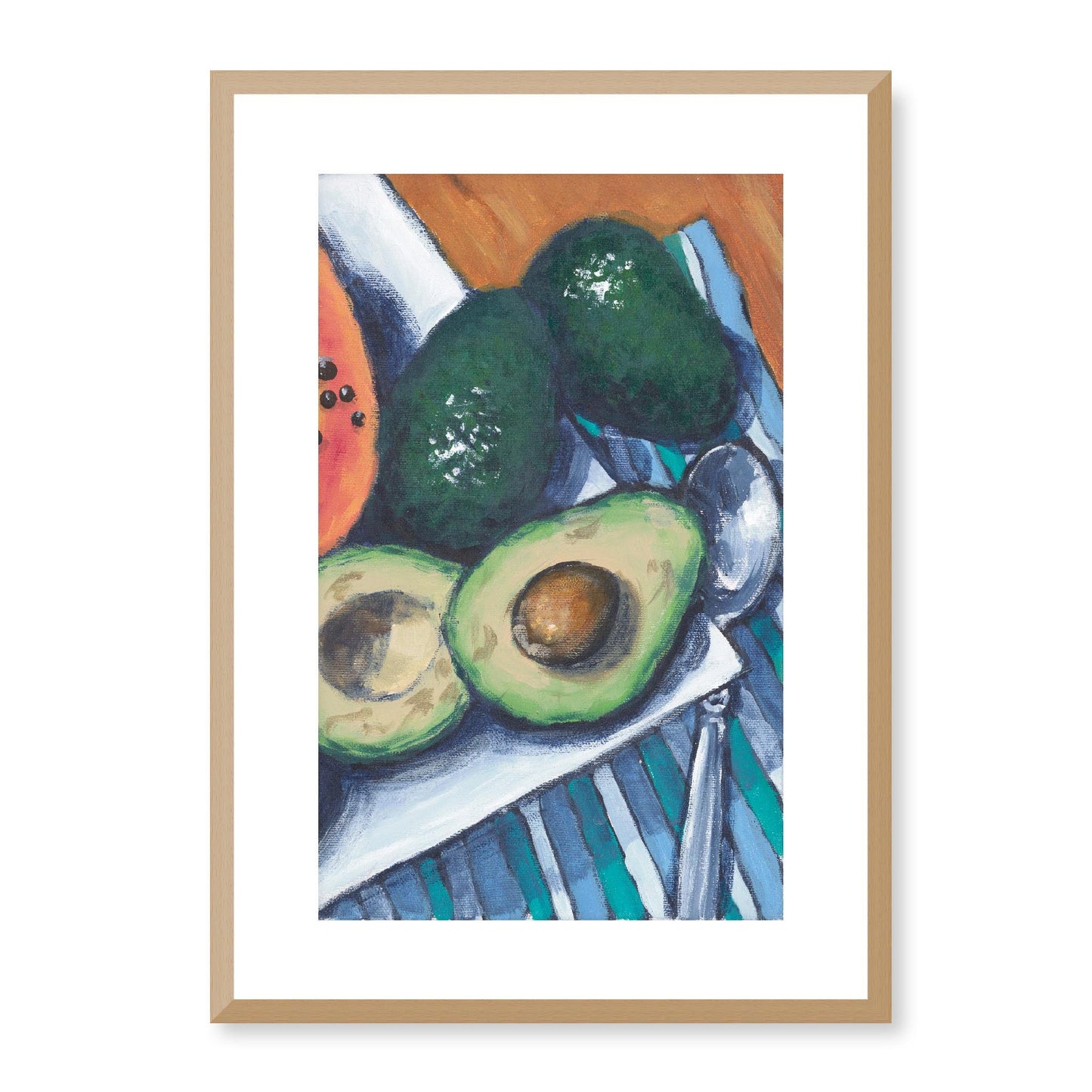 Framed Fine Art Print, White Mat - 11x14 16x20 20x28 | Papaya & Avocados in Acrylic, fp2-1000-1105R, , Fine art, Natural Frame, 36 x 51 cm ,14 x 20 inches