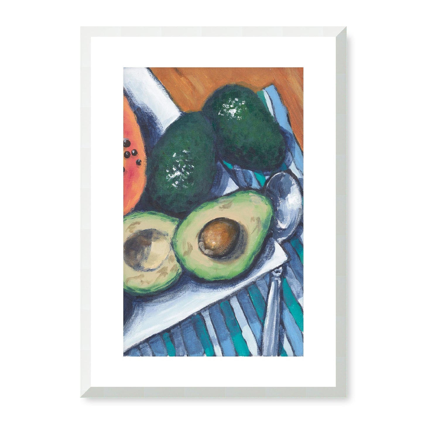 Framed Fine Art Print, White Mat - 11x14 16x20 20x28 | Papaya & Avocados in Acrylic, fp2-1000-1105R, , Fine art, White Frame, 36 x 51 cm ,14 x 20 inches