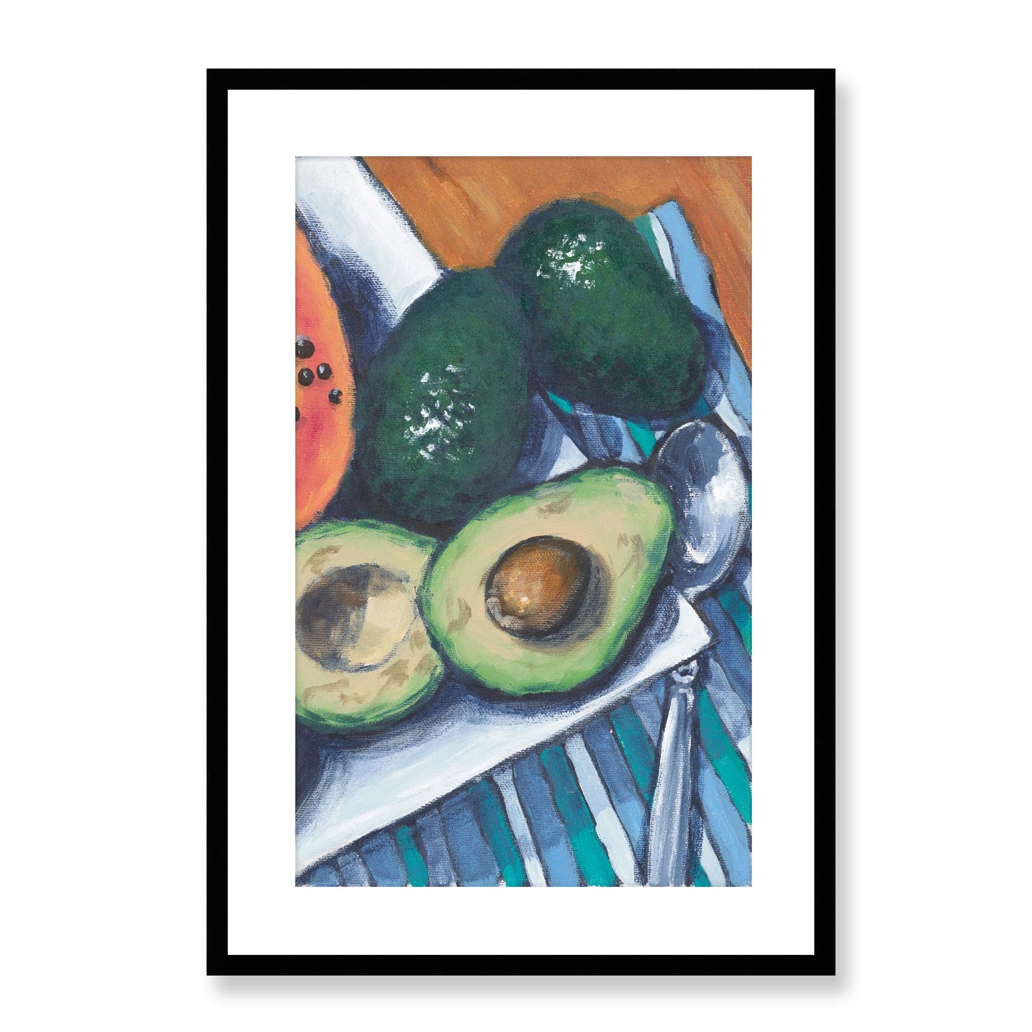 Framed Fine Art Print, White Mat - 11x14 16x20 20x28 | Papaya & Avocados in Acrylic, fp2-1000-1105R, , Fine art, Black Frame, 48 x 71 cm ,19 x 28 inches