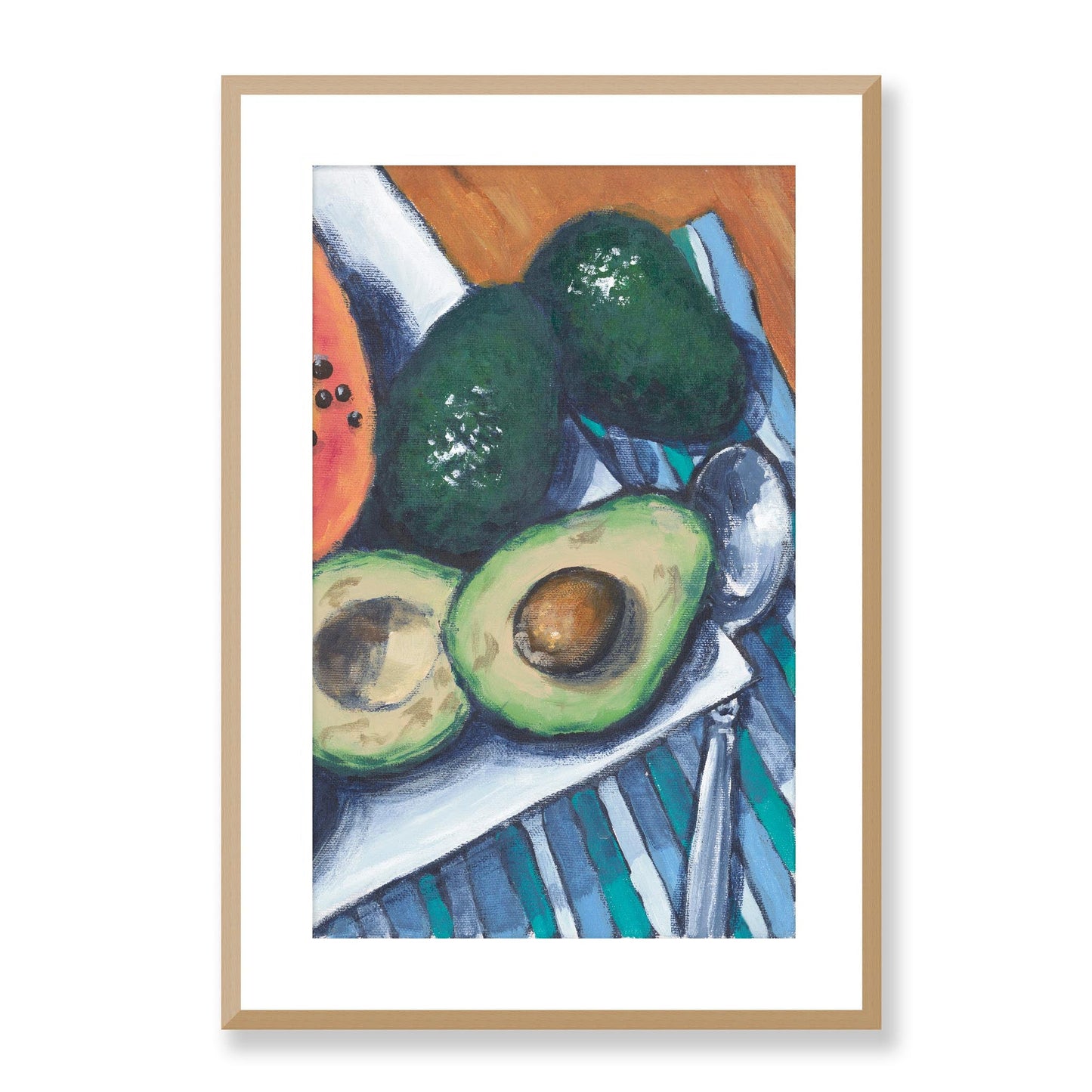 Framed Fine Art Print, White Mat - 11x14 16x20 20x28 | Papaya & Avocados in Acrylic, fp2-1000-1105R, , Fine art, Natural Frame, 48 x 71 cm ,19 x 28 inches