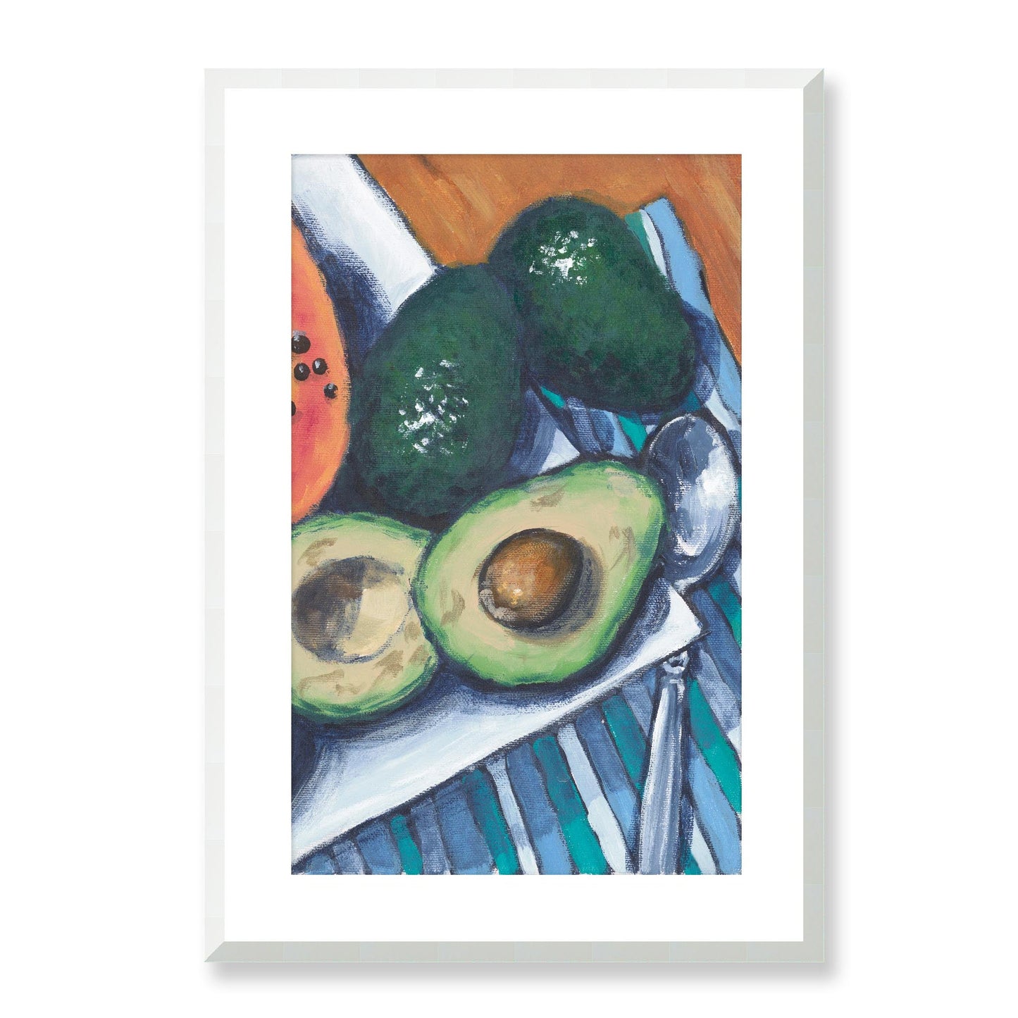 Framed Fine Art Print, White Mat - 11x14 16x20 20x28 | Papaya & Avocados in Acrylic, fp2-1000-1105R, , Fine art, White Frame, 48 x 71 cm ,19 x 28 inches