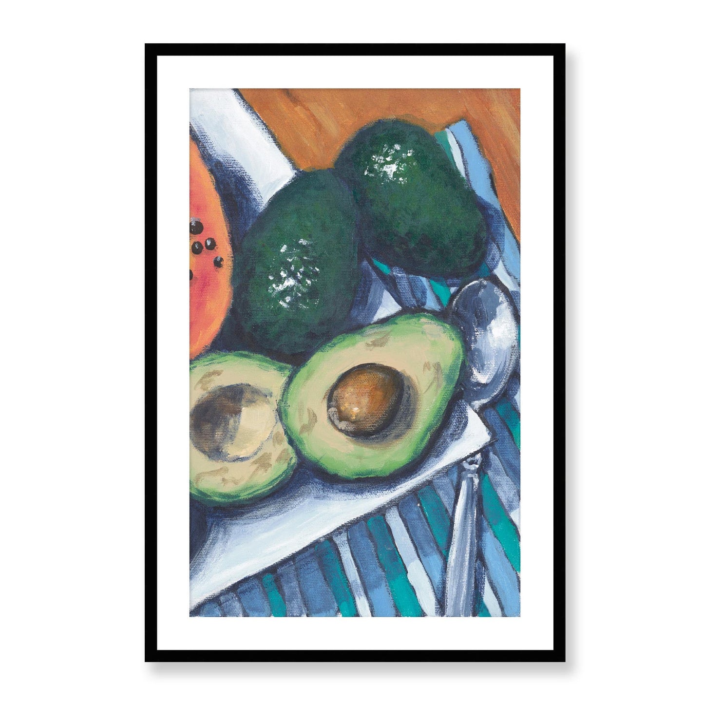 Framed Fine Art Print, White Mat - 11x14 16x20 20x28 | Papaya & Avocados in Acrylic, fp2-1000-1105R, , Fine art, Black Frame, 61 x 91 cm ,24 x 36 inches