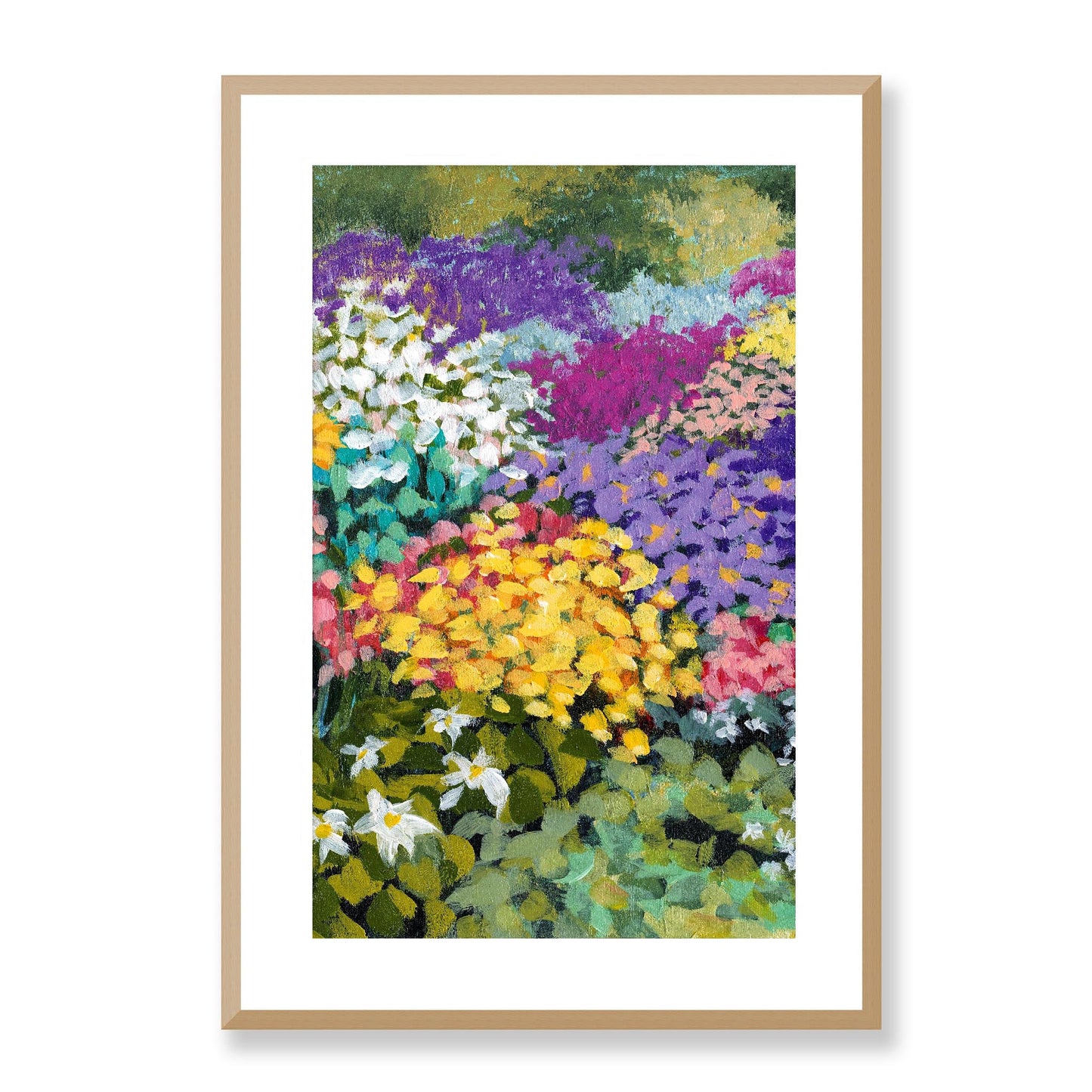 Framed Fine Art Print, White Mat - 14x20 19x28 24x36  | Floral Garden Three in Acrylic, fp2-1000-1147C, Prints, Fine art, Natural Frame, 48 x 71 cm ,19 x 28 inches