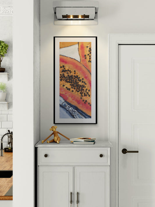 Papaya Fine Art Print | Styled in Clean Transitional Entryway with White Shaker Cabinet, Kay Bojesen Wooden Monkey and Brushed Nickel Picture Light